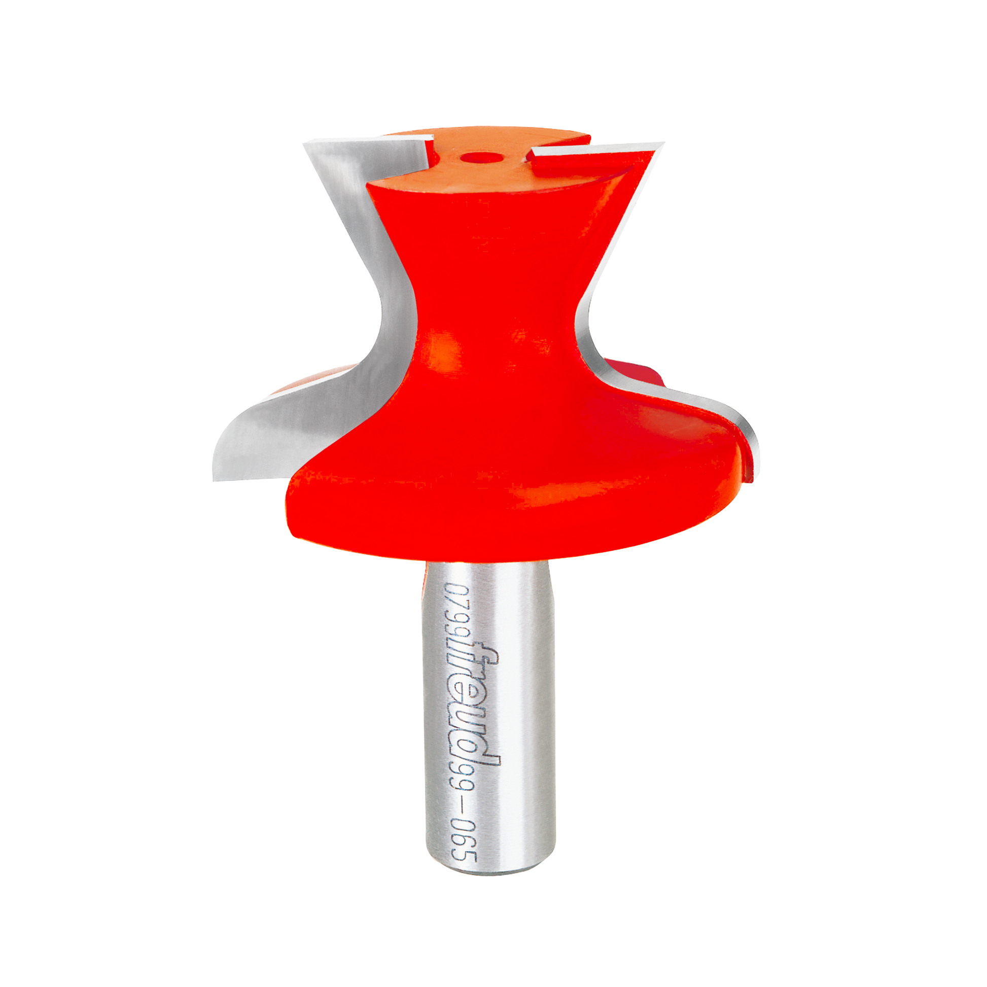 Red router bit with curved edges and silver shank labeled Freud 99-065 for creating finger pull door lips.