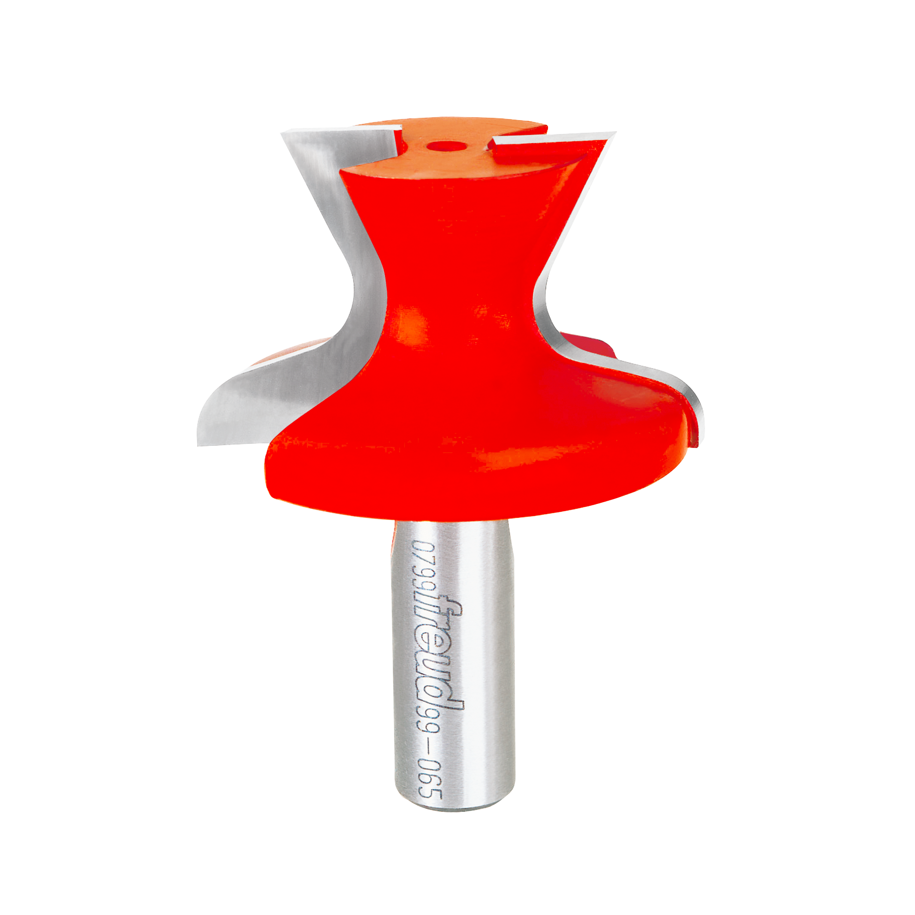 Red router bit with curved edges and silver shank labeled Freud 99-065 for creating finger pull door lips.