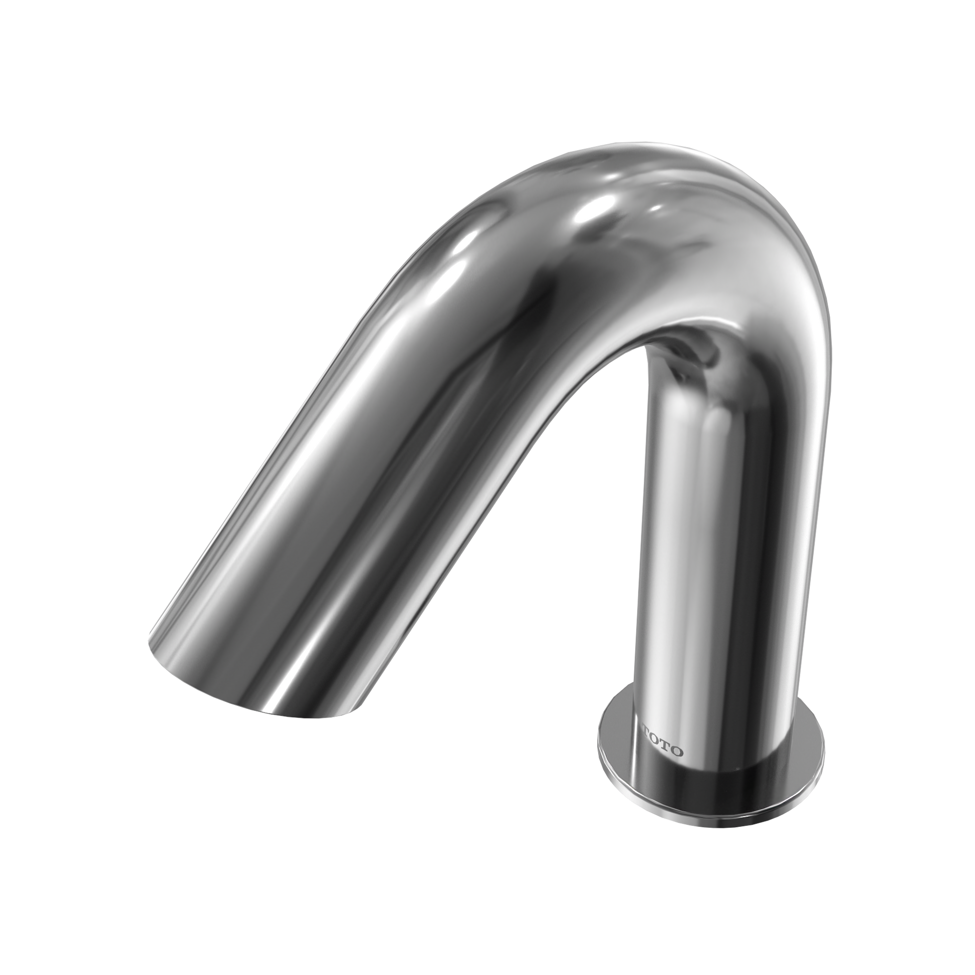 Polished chrome touchless bathroom faucet with curved spout and round base.