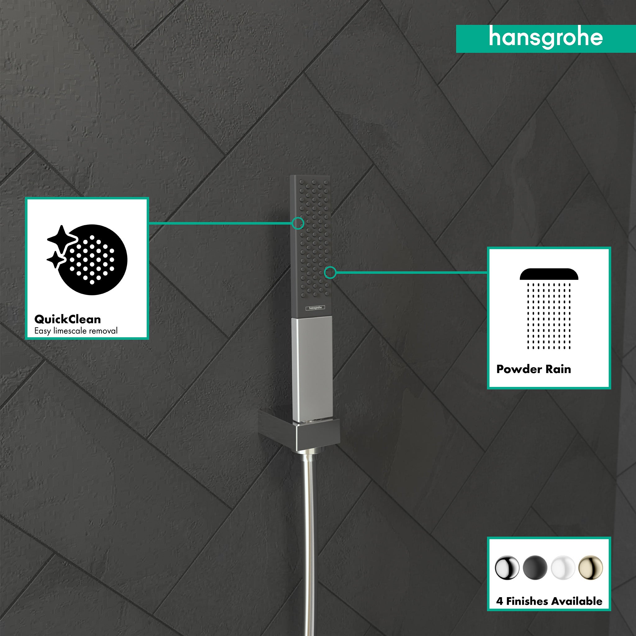 Chrome rectangular handshower with powder rain spray pattern and QuickClean feature.