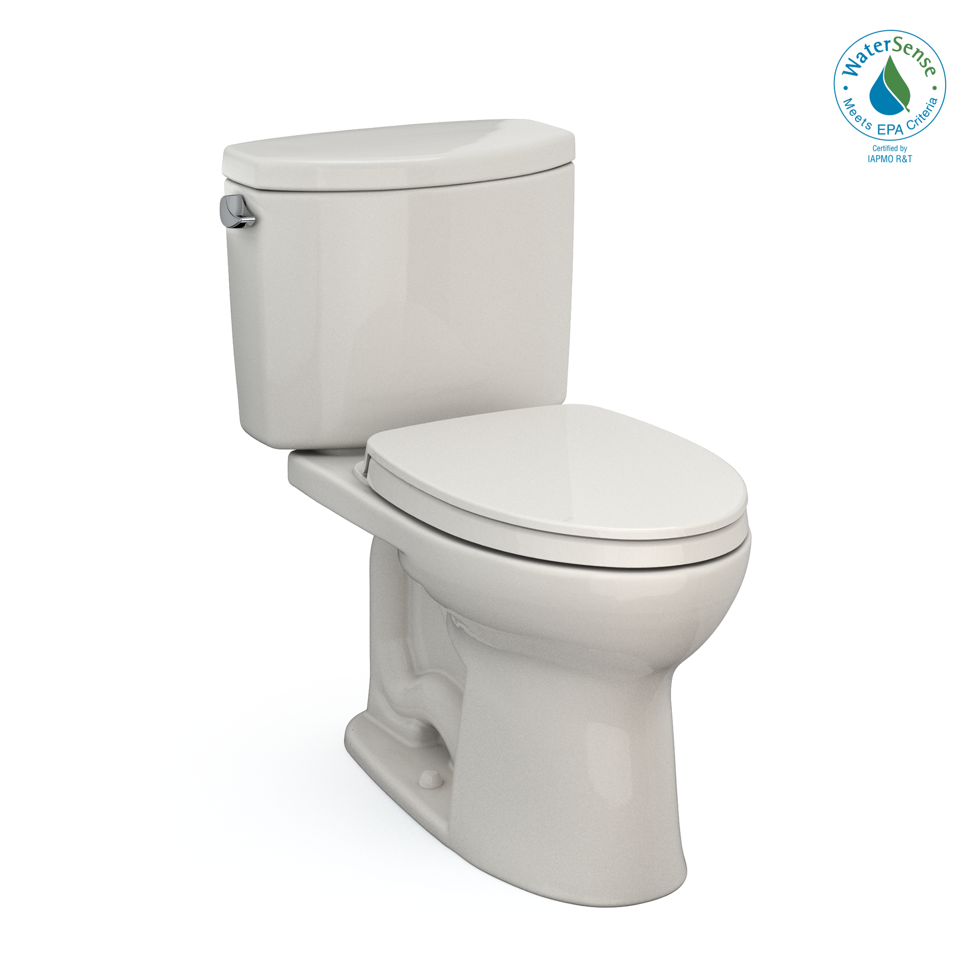 Sedona beige two-piece elongated toilet with soft-close seat and matching tank, shown at an angle.