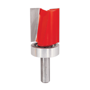Red flush trim router bit with top bearing and metal shank, 1-1/2" diameter.