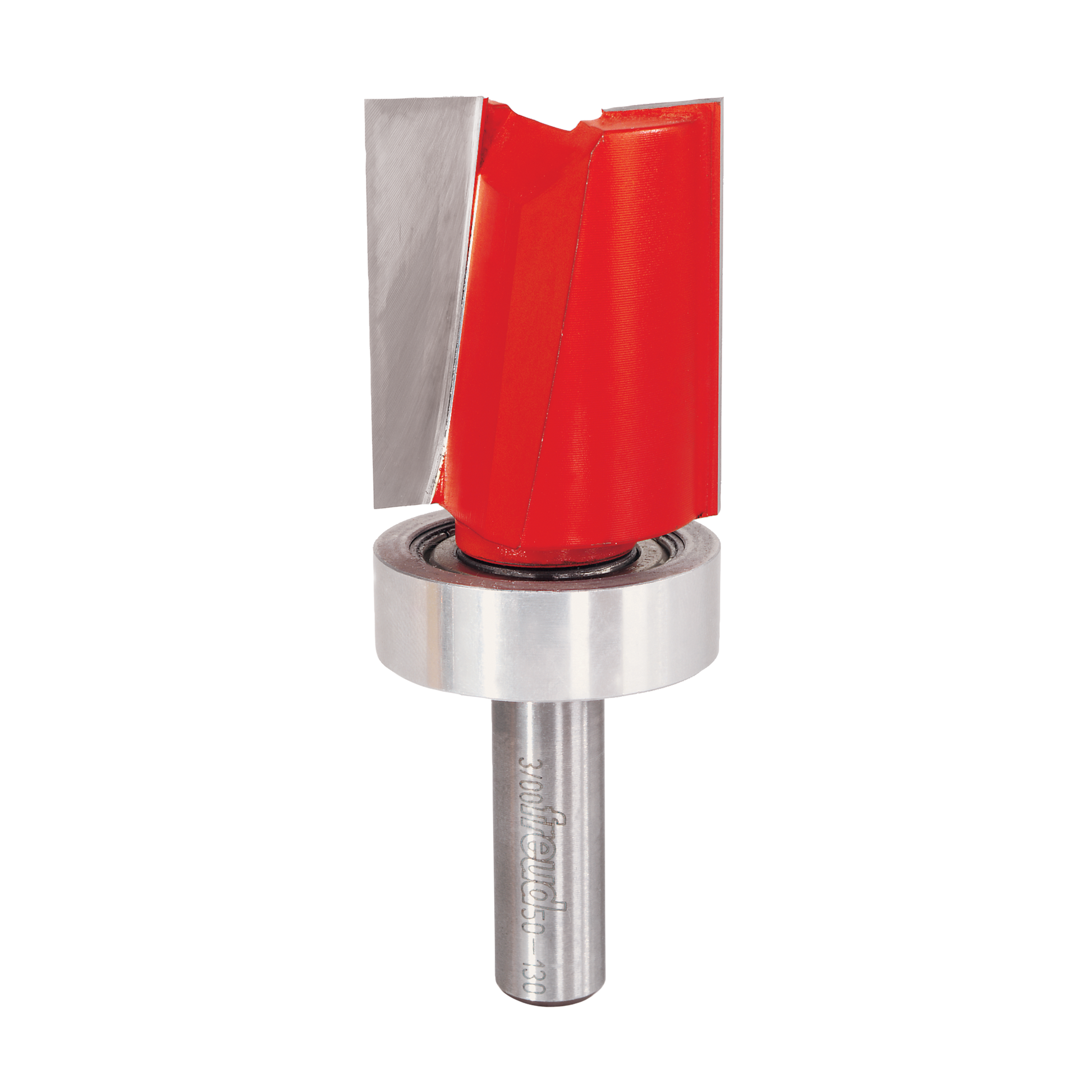 Red flush trim router bit with top bearing and metal shank, 1-1/2" diameter.
