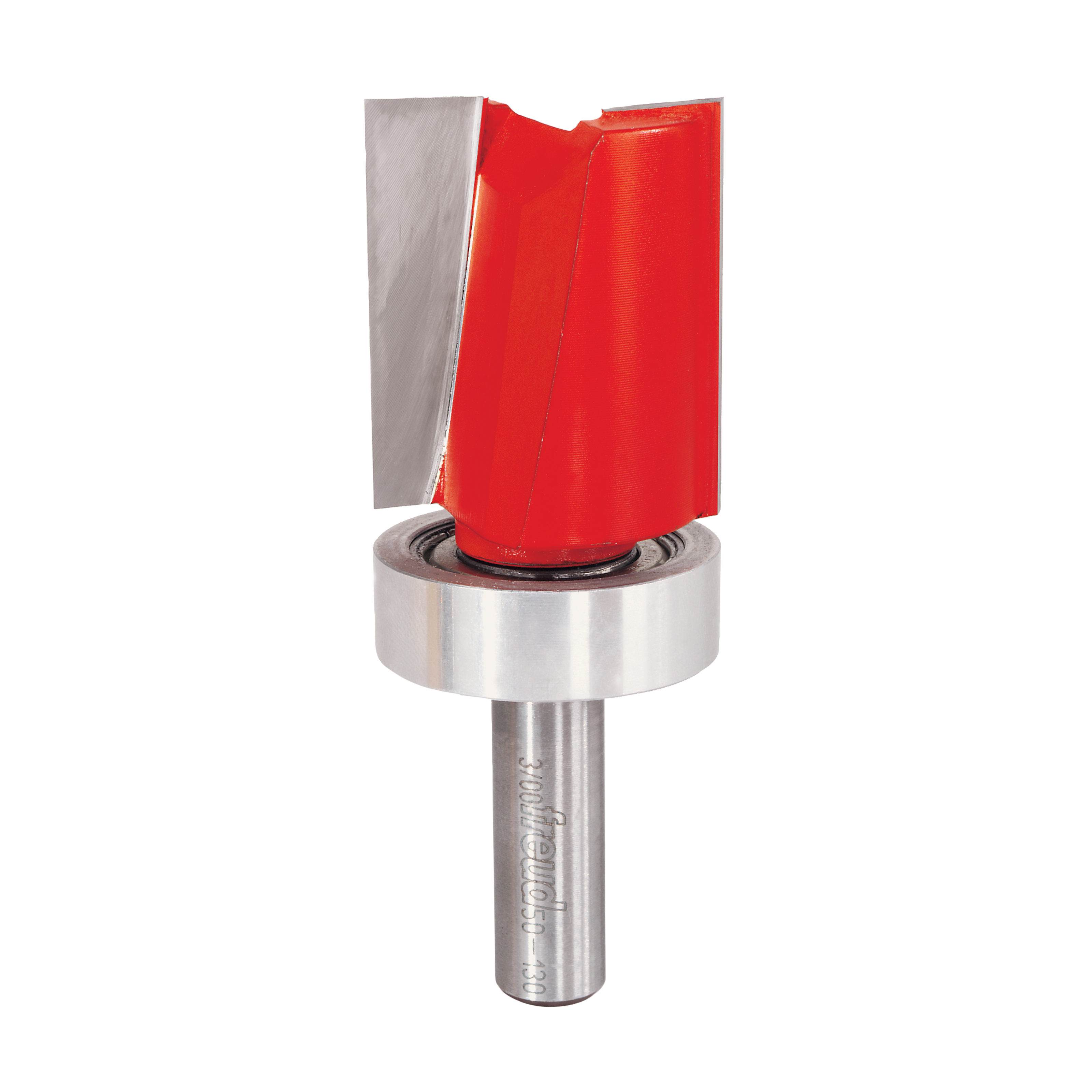 Red flush trim router bit with top bearing and metal shank, 1-1/2" diameter.