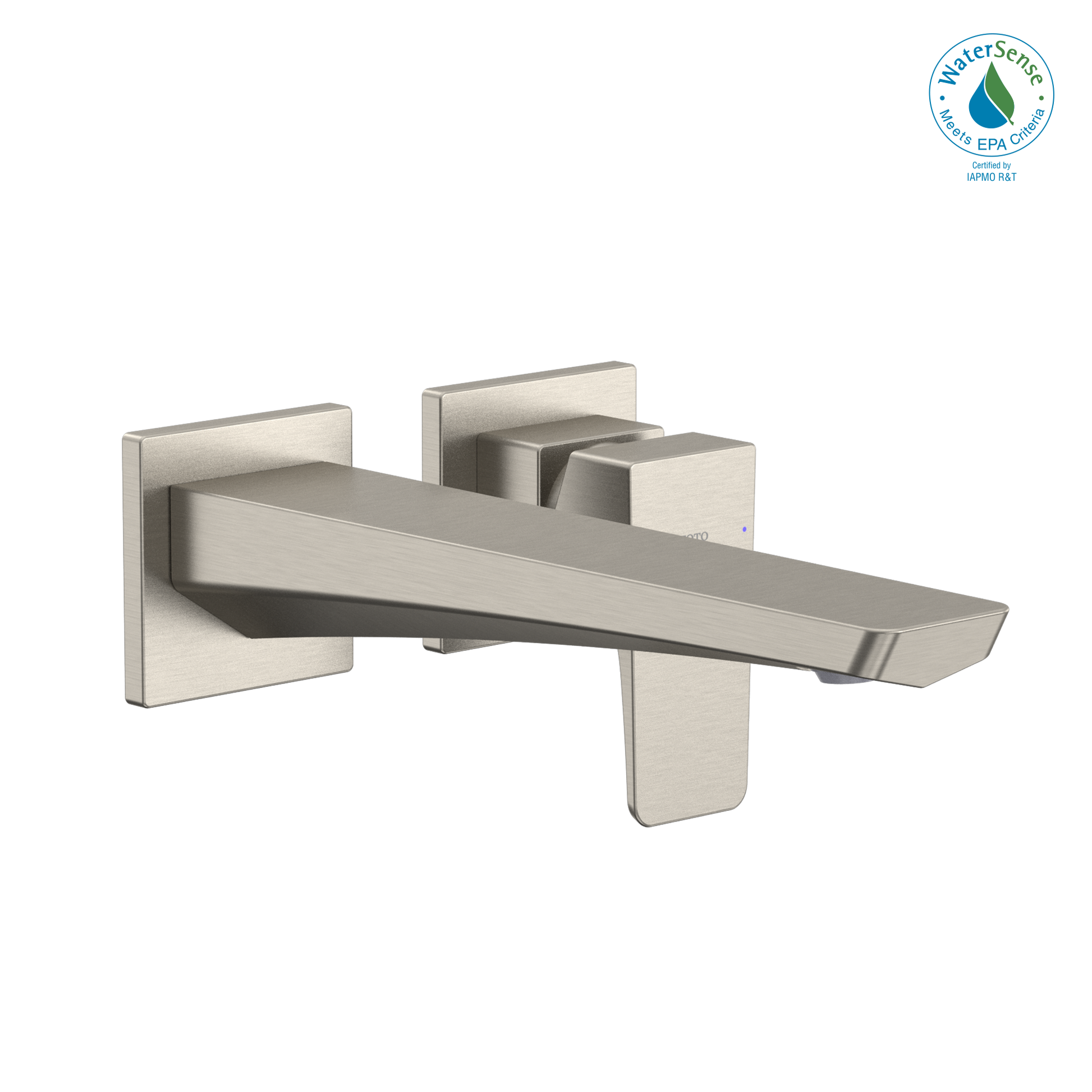 Brushed nickel wall-mount bathroom faucet with single handle and extended spout extending from square mounting plates.