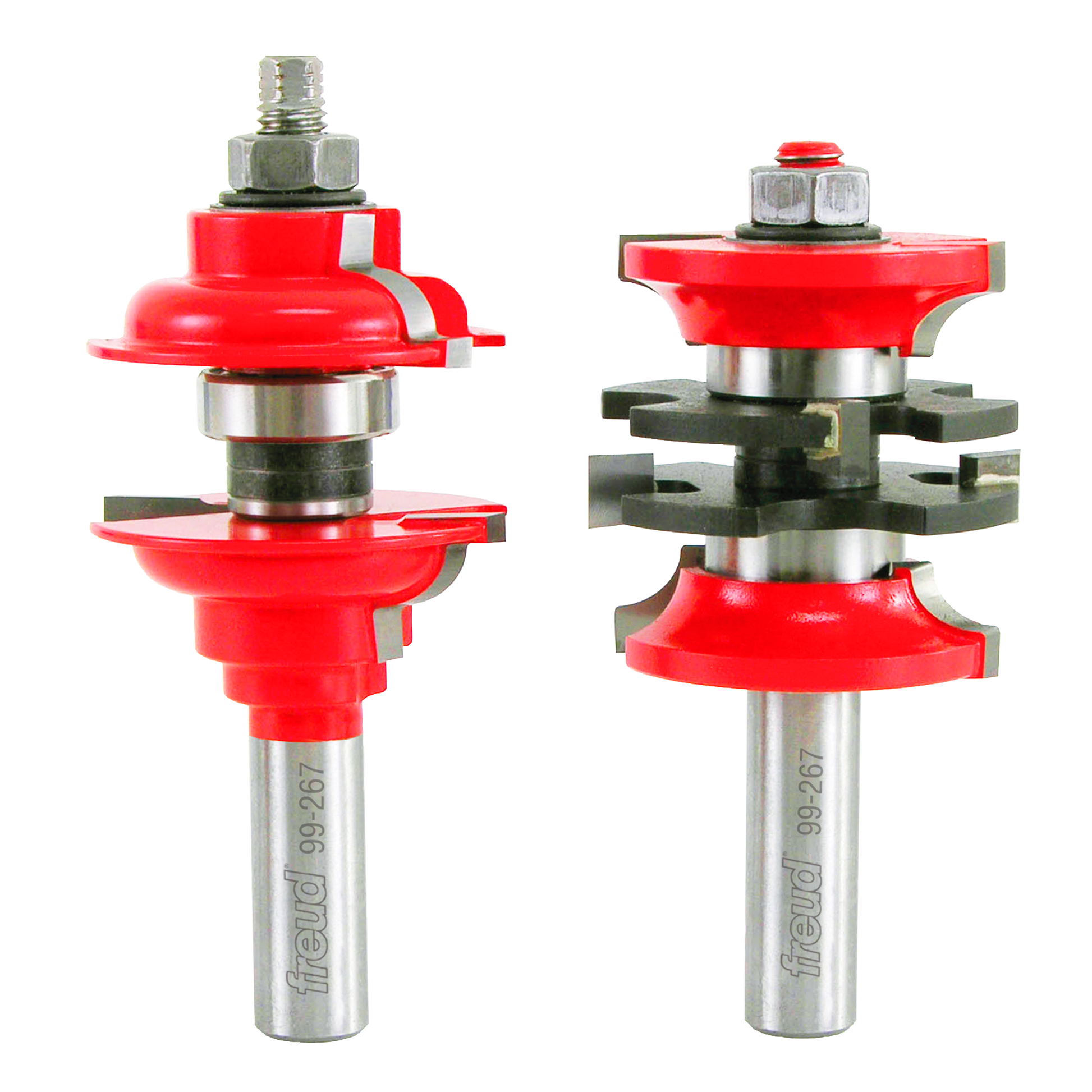 Two red and silver router bits with metal shafts and various cutting heads for woodworking applications.