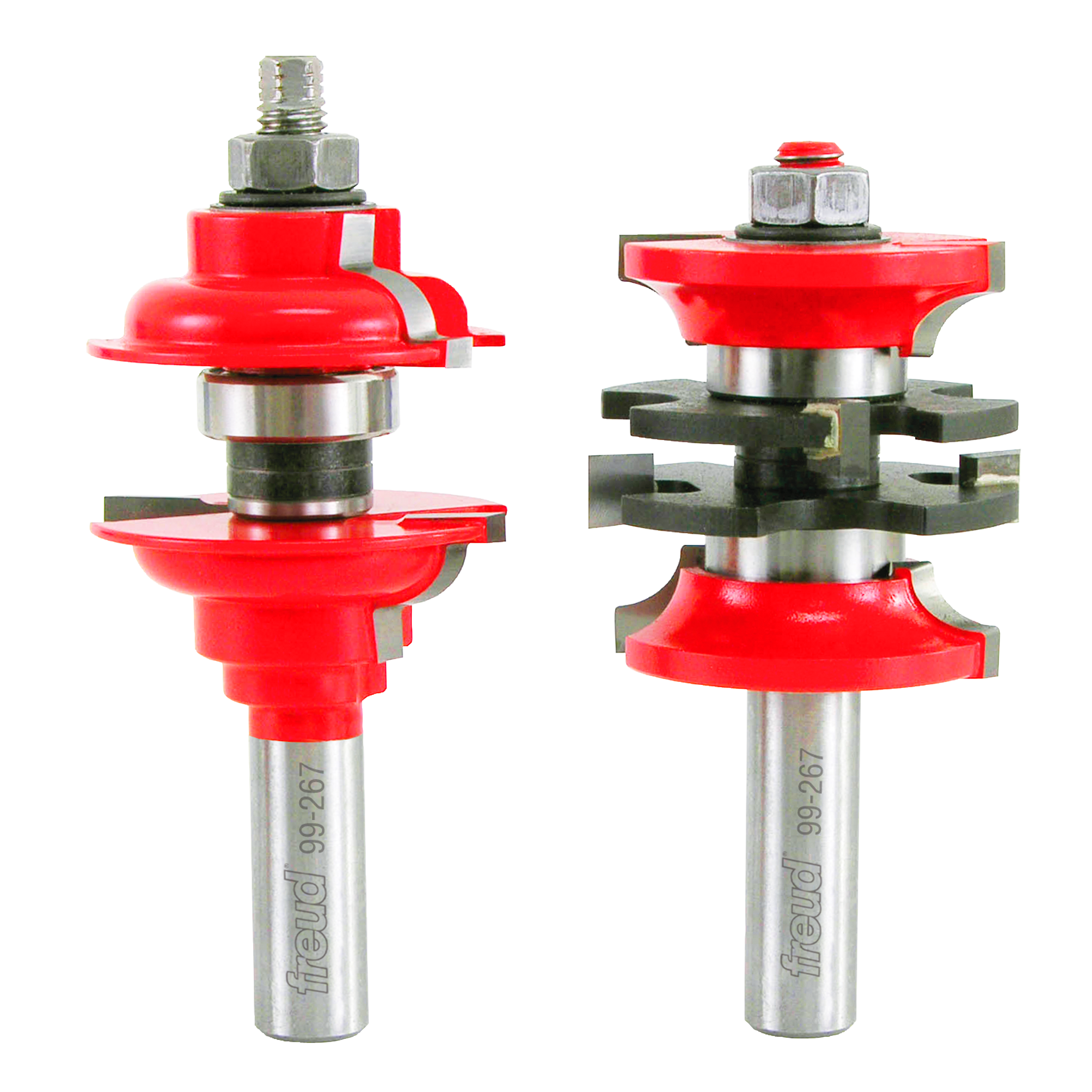 Two red and silver router bits with metal shafts and various cutting heads for woodworking applications.