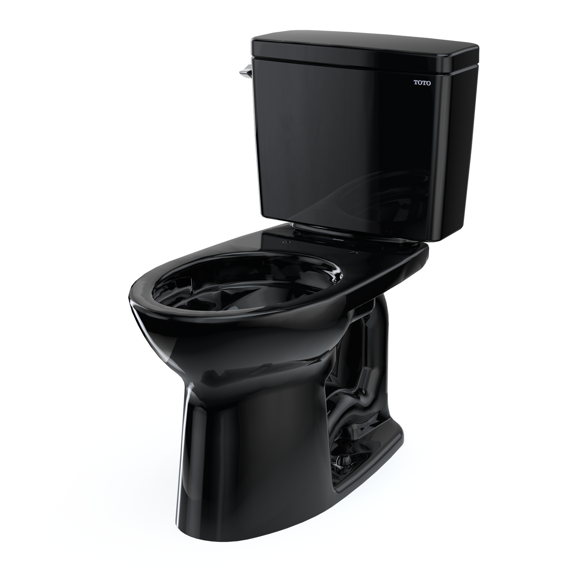 Black two-piece elongated toilet with separate tank and bowl, seat not included.