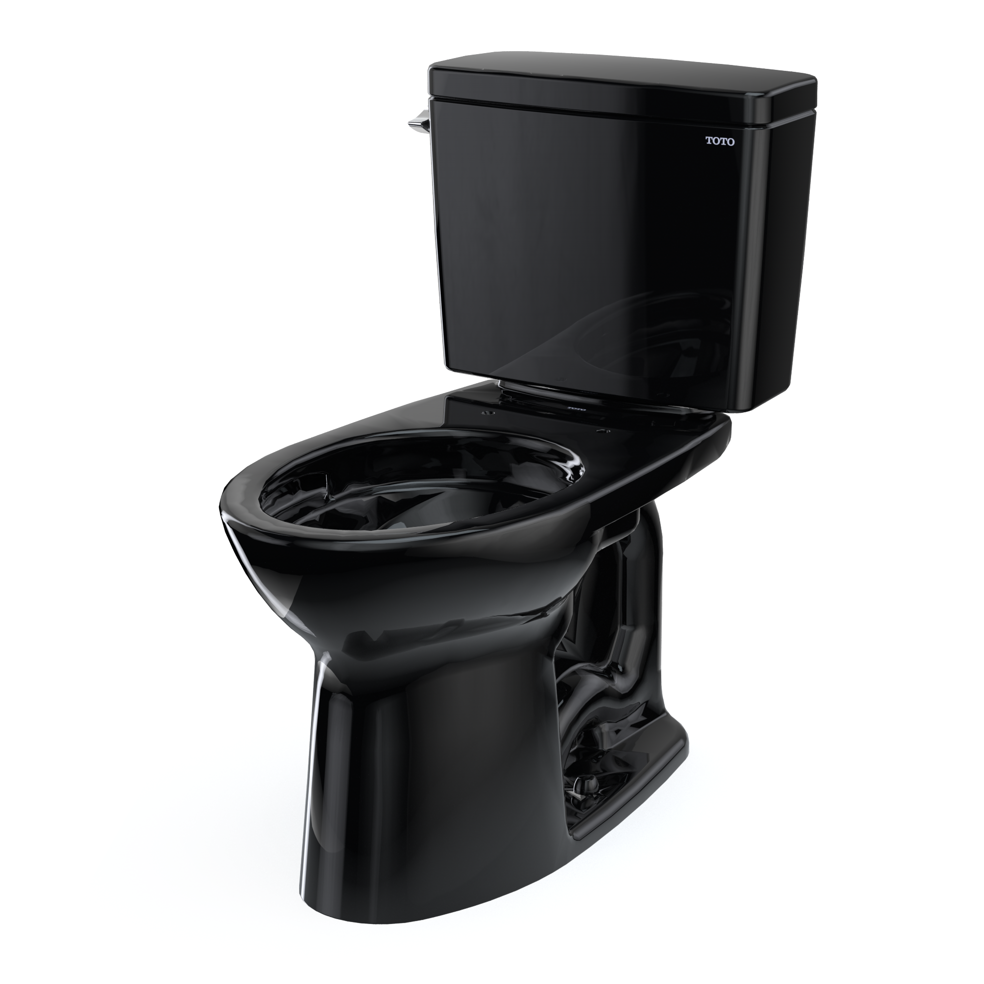 Black two-piece elongated toilet with separate tank and bowl, seat not included.