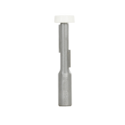Metal router bit with white plastic bearing guide at top and cutting flutes along shaft.