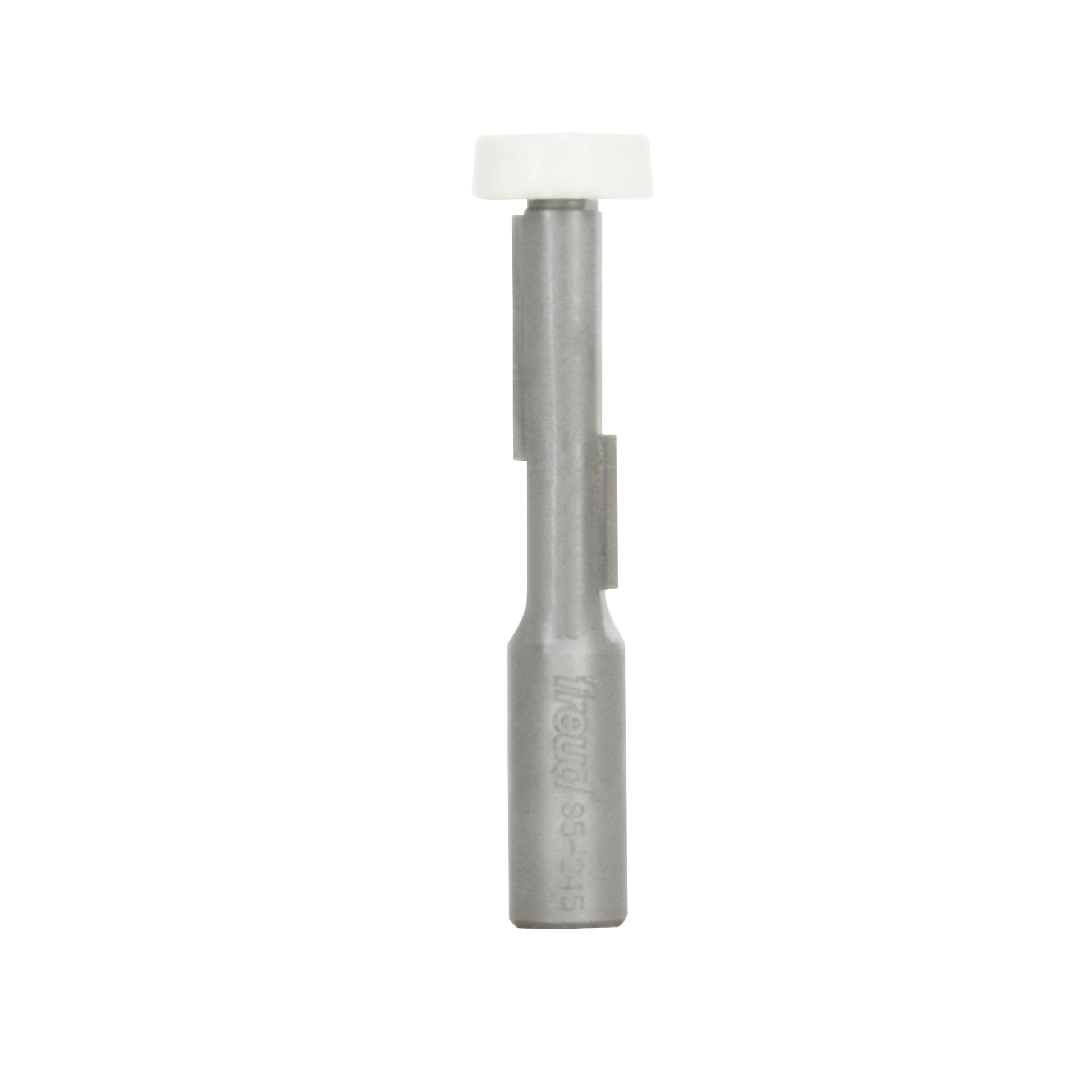 Metal router bit with white plastic bearing guide at top and cutting flutes along shaft.