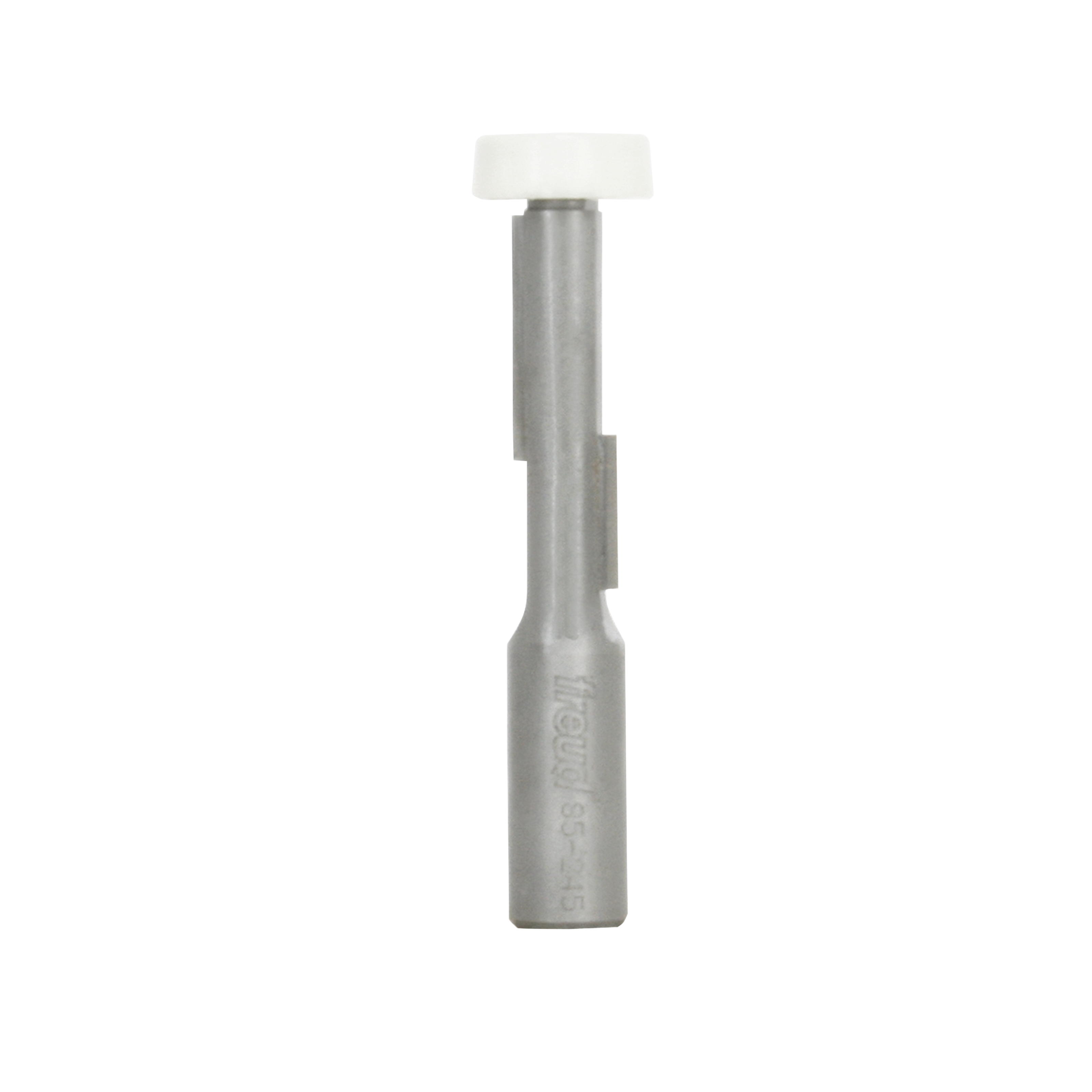 Metal router bit with white plastic bearing guide at top and cutting flutes along shaft.