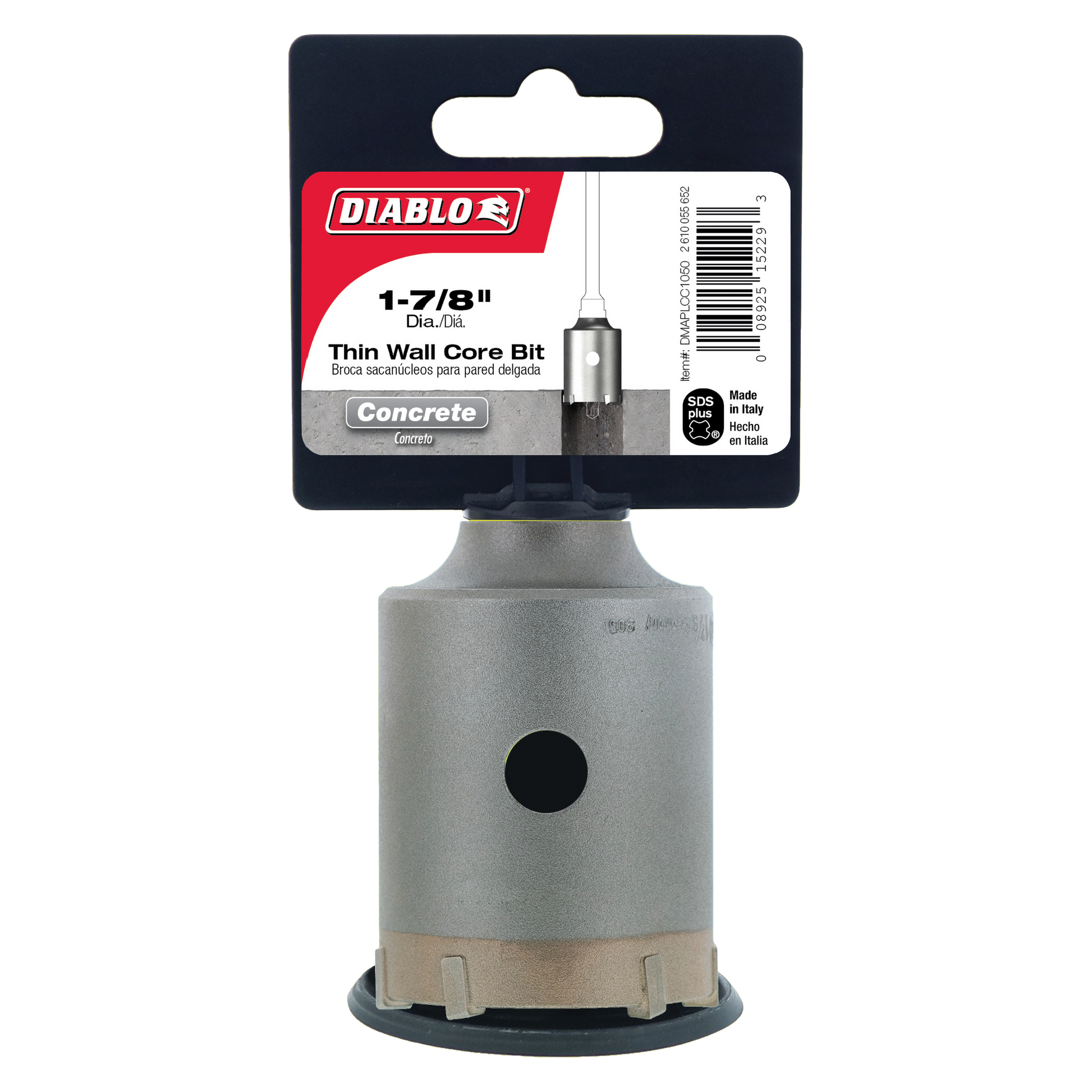 Diablo 1-7/8 inch SDS-Plus thin wall carbide core bit for concrete with gray metal body and tan diamond-coated base.