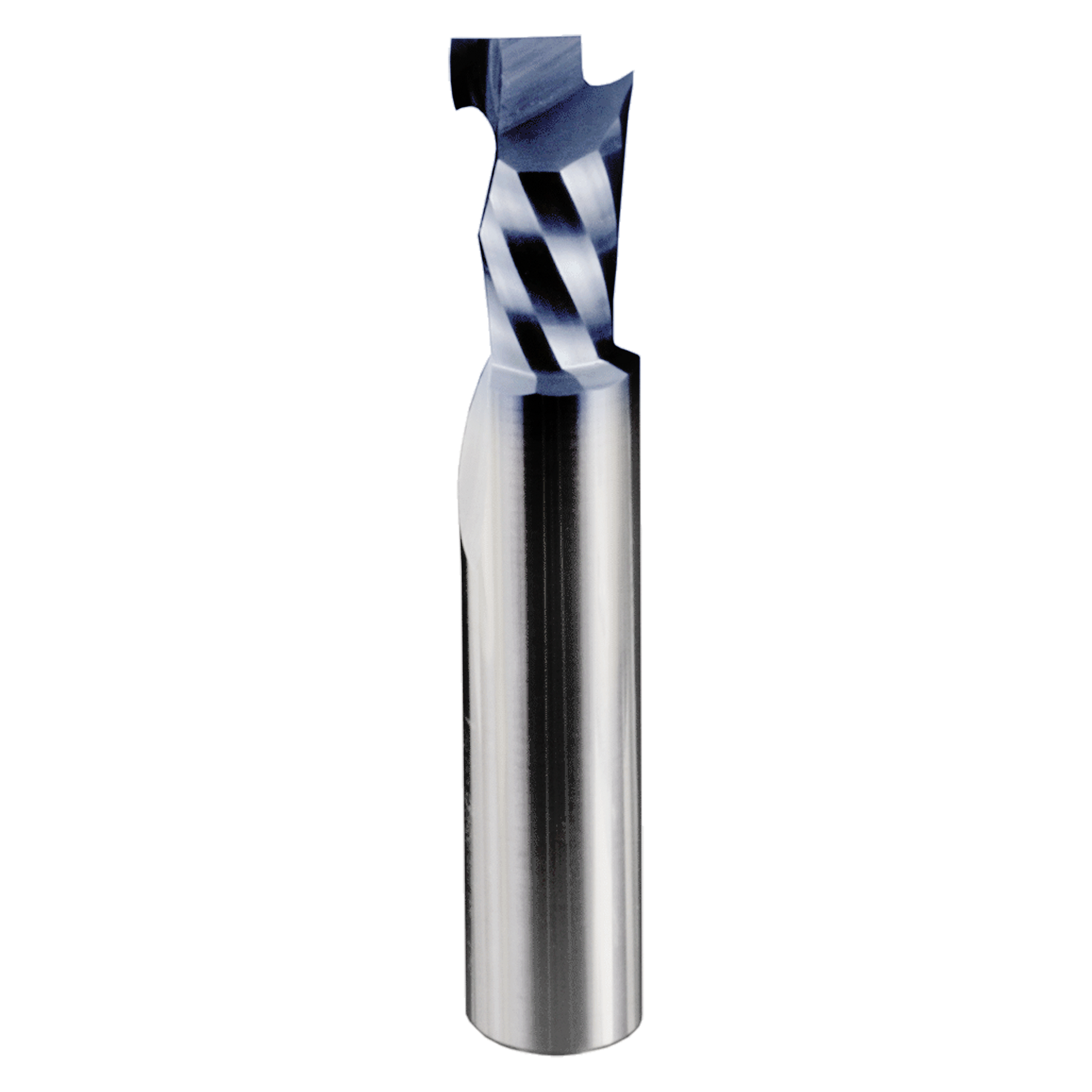 3/8" diameter mortise compression bit with single flute, blue and silver cutting head, and cylindrical metal shank.