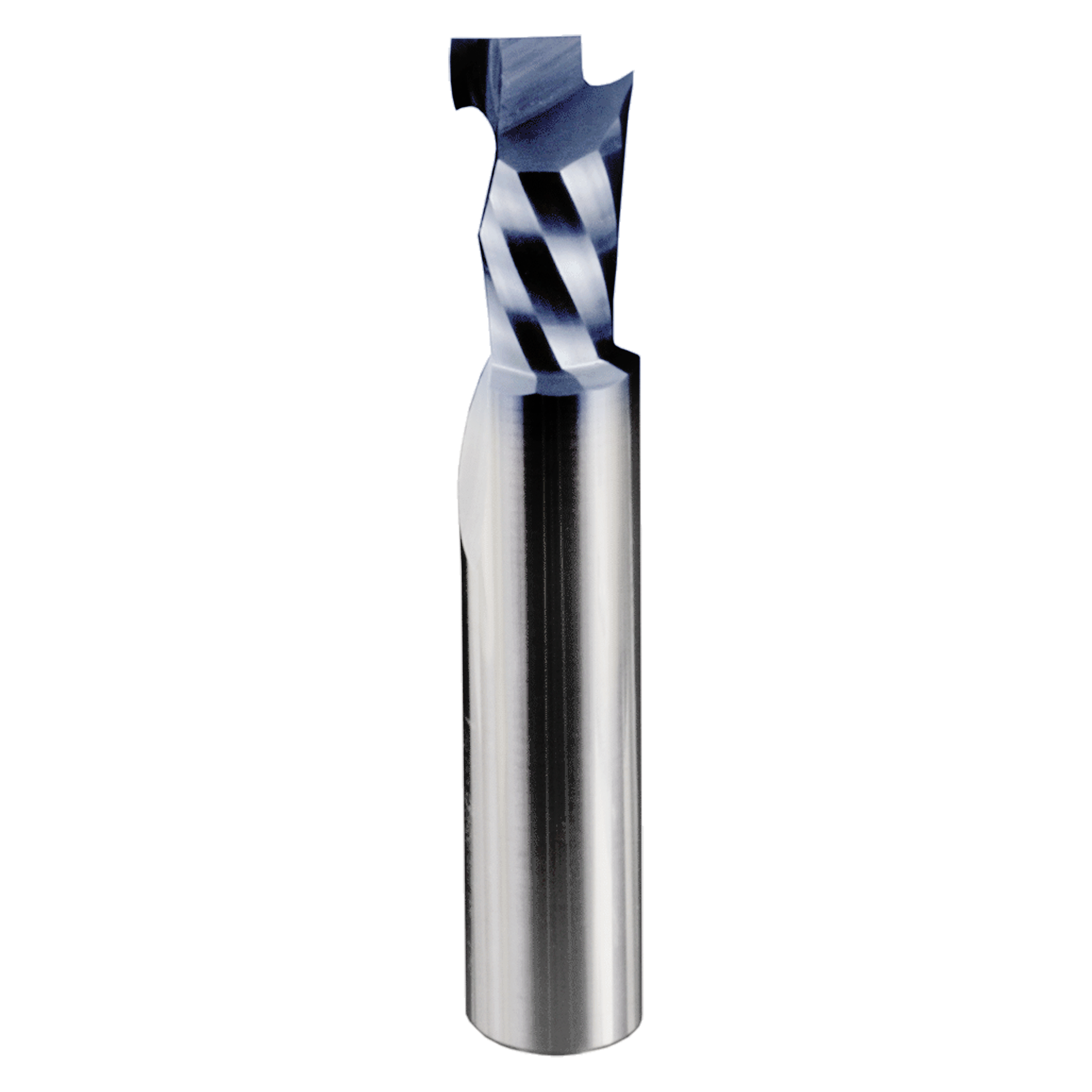 3/8" diameter mortise compression bit with single flute, blue and silver cutting head, and cylindrical metal shank.