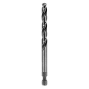 Dark metallic pilot drill bit with spiral flutes and hexagonal shank, 4 inches long.