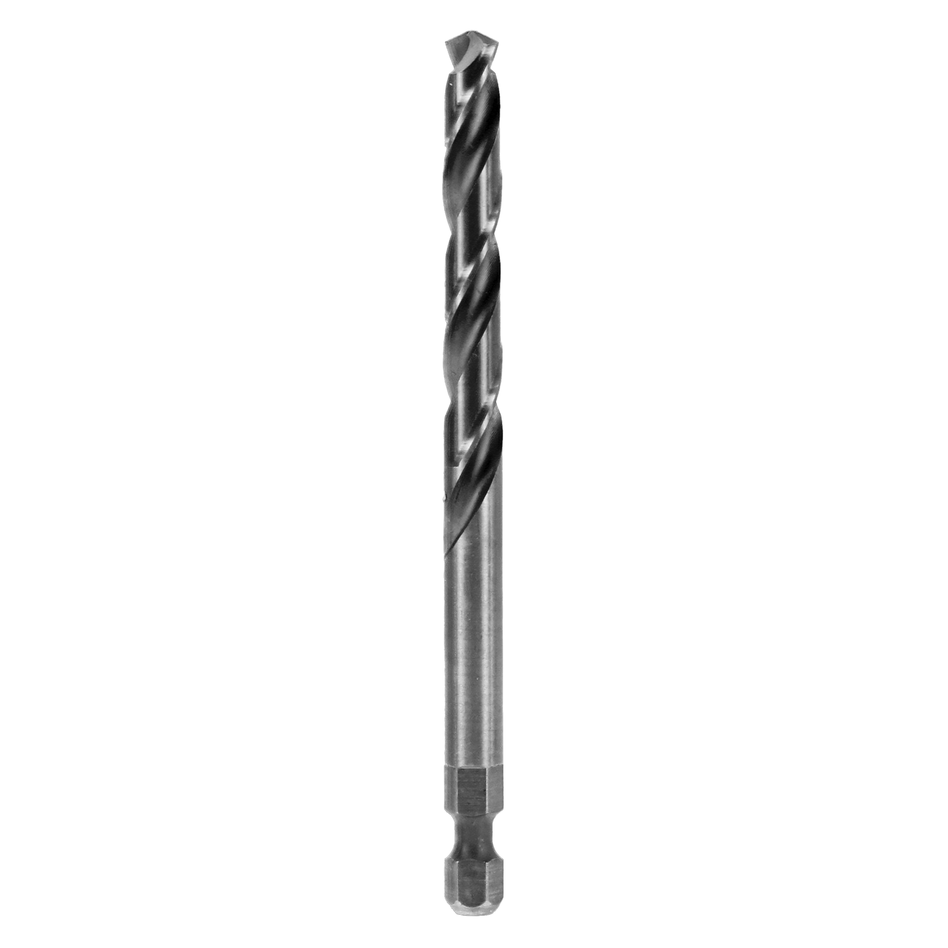 Dark metallic pilot drill bit with spiral flutes and hexagonal shank, 4 inches long.