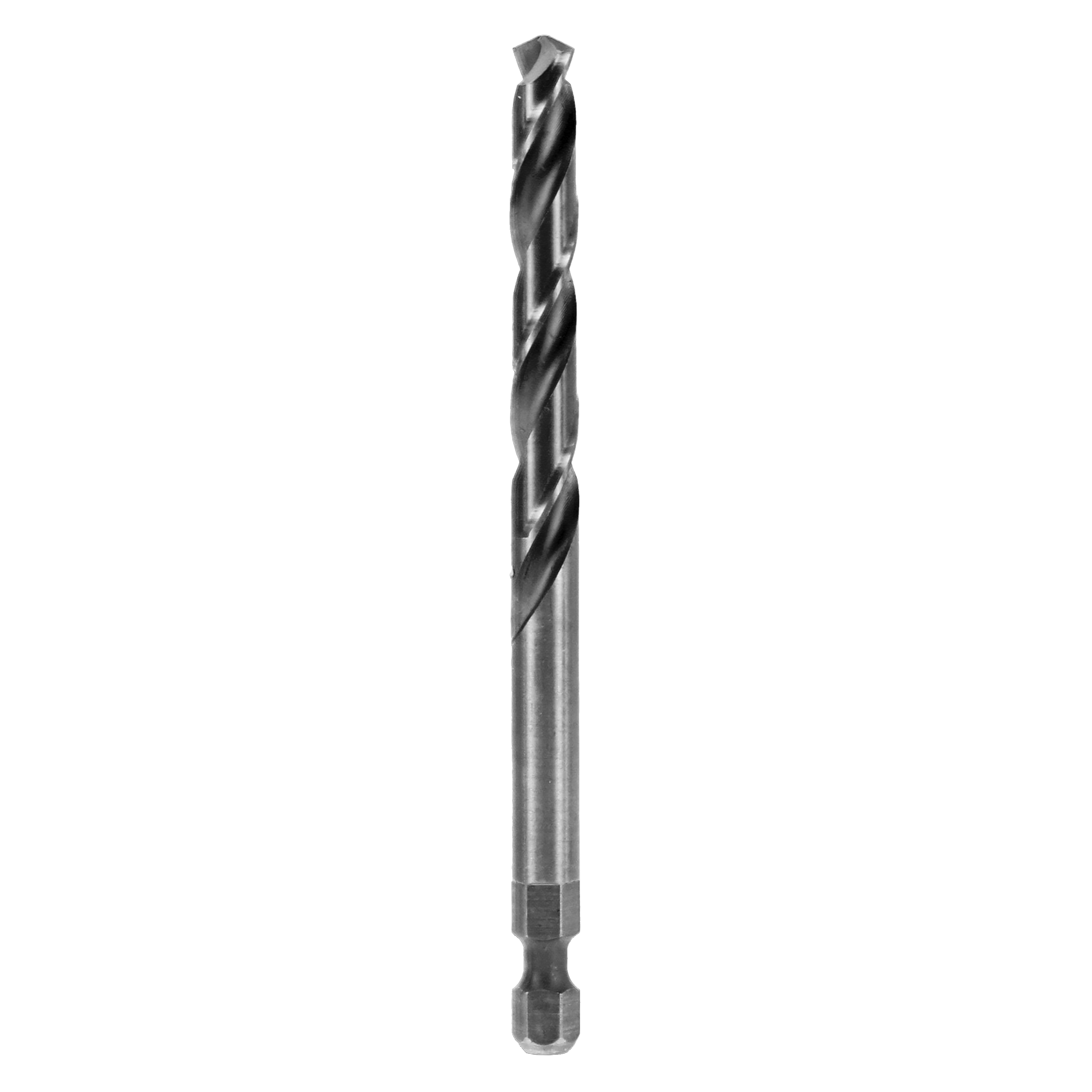Dark metallic pilot drill bit with spiral flutes and hexagonal shank, 4 inches long.