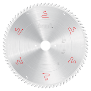 Silver circular saw blade with fine teeth around edge, Freud branding, and red markings on face.