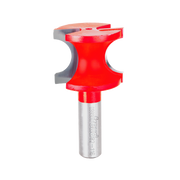 Red and silver half-round router bit with curved cutting edges and cylindrical shank.