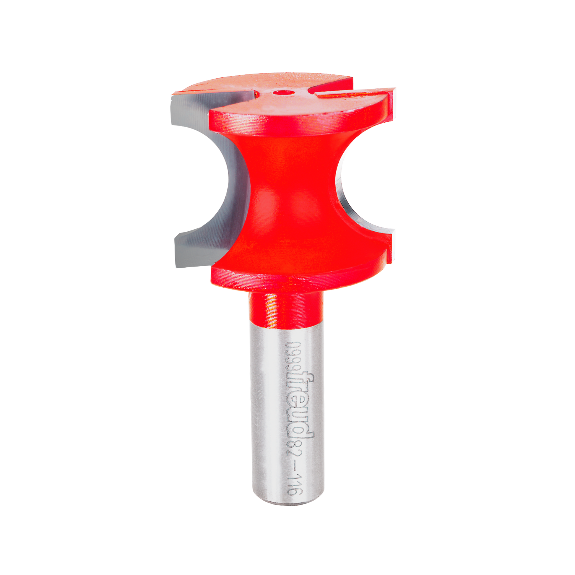 Red and silver half-round router bit with curved cutting edges and cylindrical shank.
