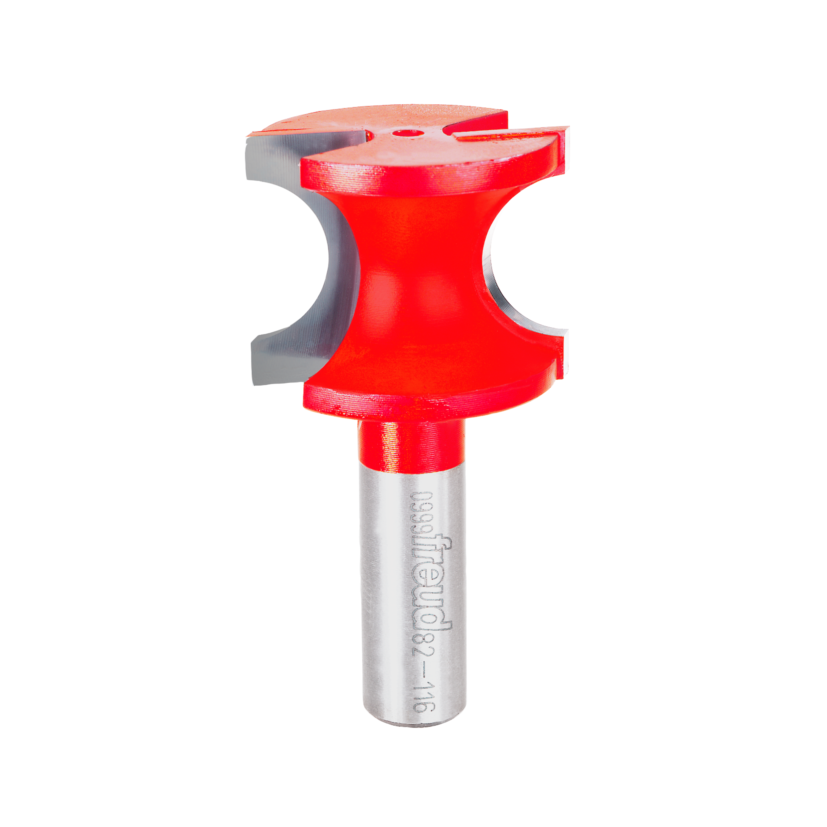 Red and silver half-round router bit with curved cutting edges and cylindrical shank.