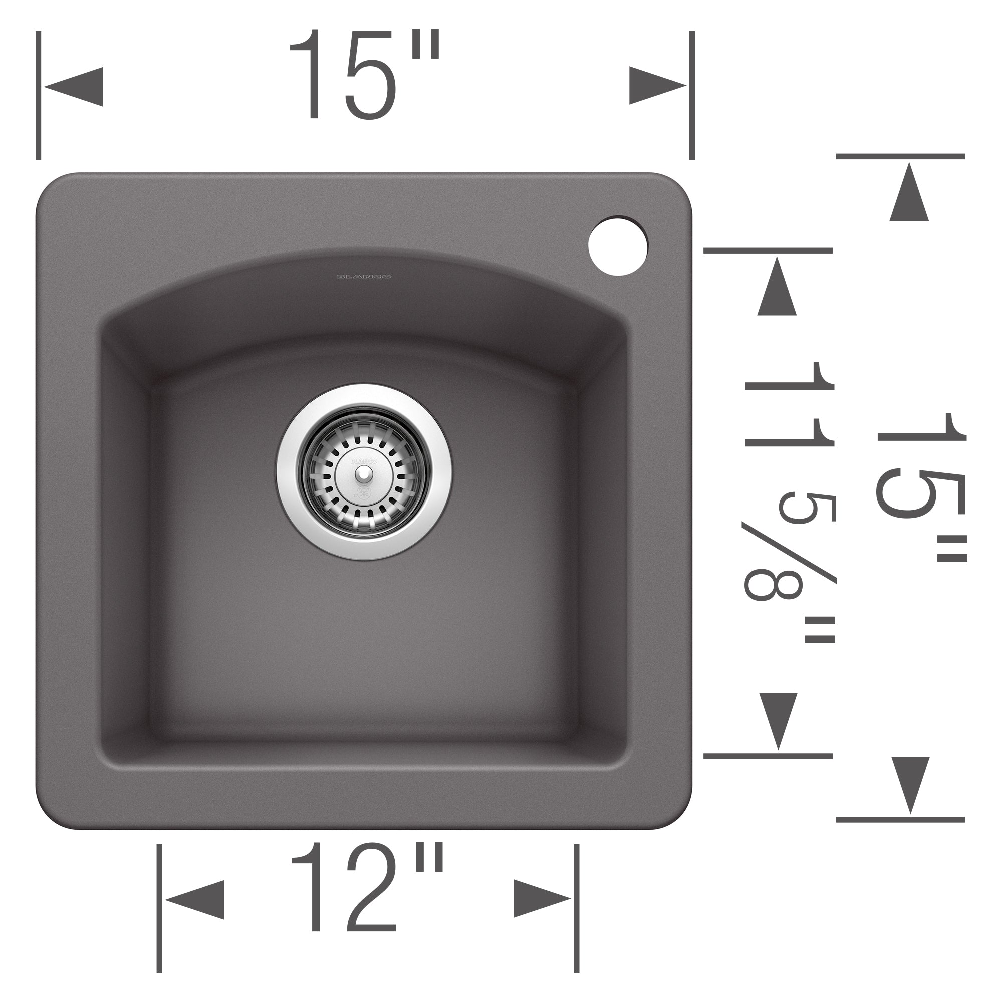 Dark gray composite drop-in sink with single bowl, drain strainer, and rounded corners, measuring 15" width by 12" depth.