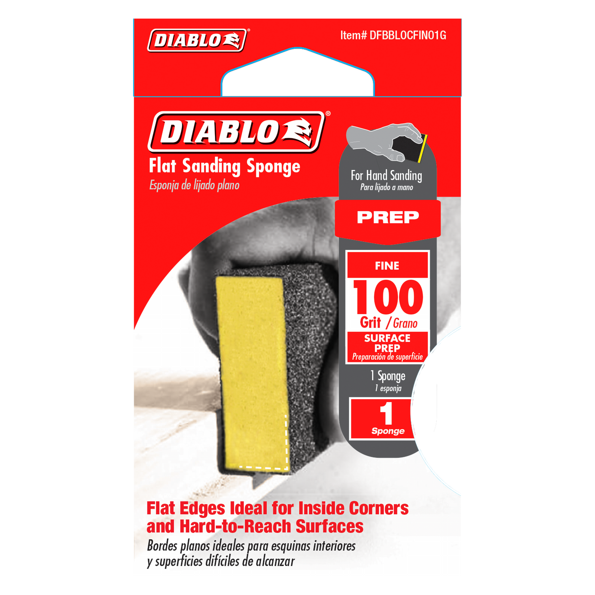 Flat sanding sponge with yellow and gray abrasive surfaces, 100-grit fine grit for hand sanding.