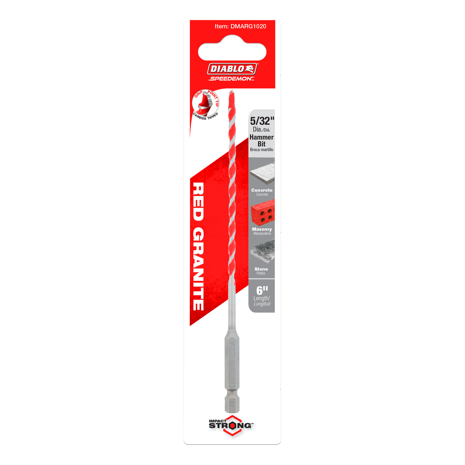 Red and white Diablo SPEEDemon carbide-tipped hammer drill bit in 5/32 inch diameter on red packaging card.