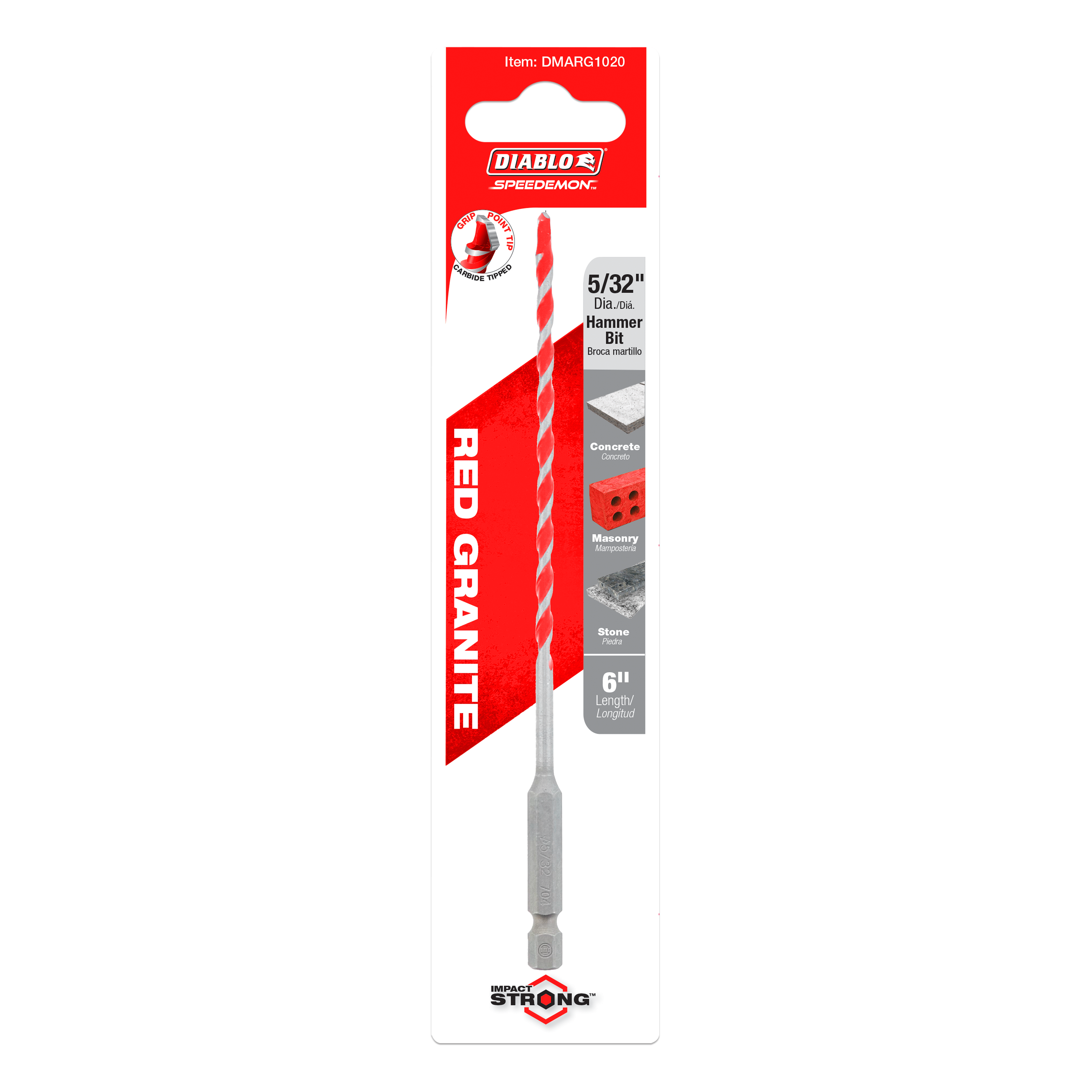 Red and white Diablo SPEEDemon carbide-tipped hammer drill bit in 5/32 inch diameter on red packaging card.