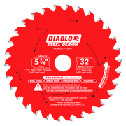 Red circular saw blade with 32 carbide-tipped teeth, 5-7/8 inch diameter, center arbor hole, labeled "Steel Demon" for metal 