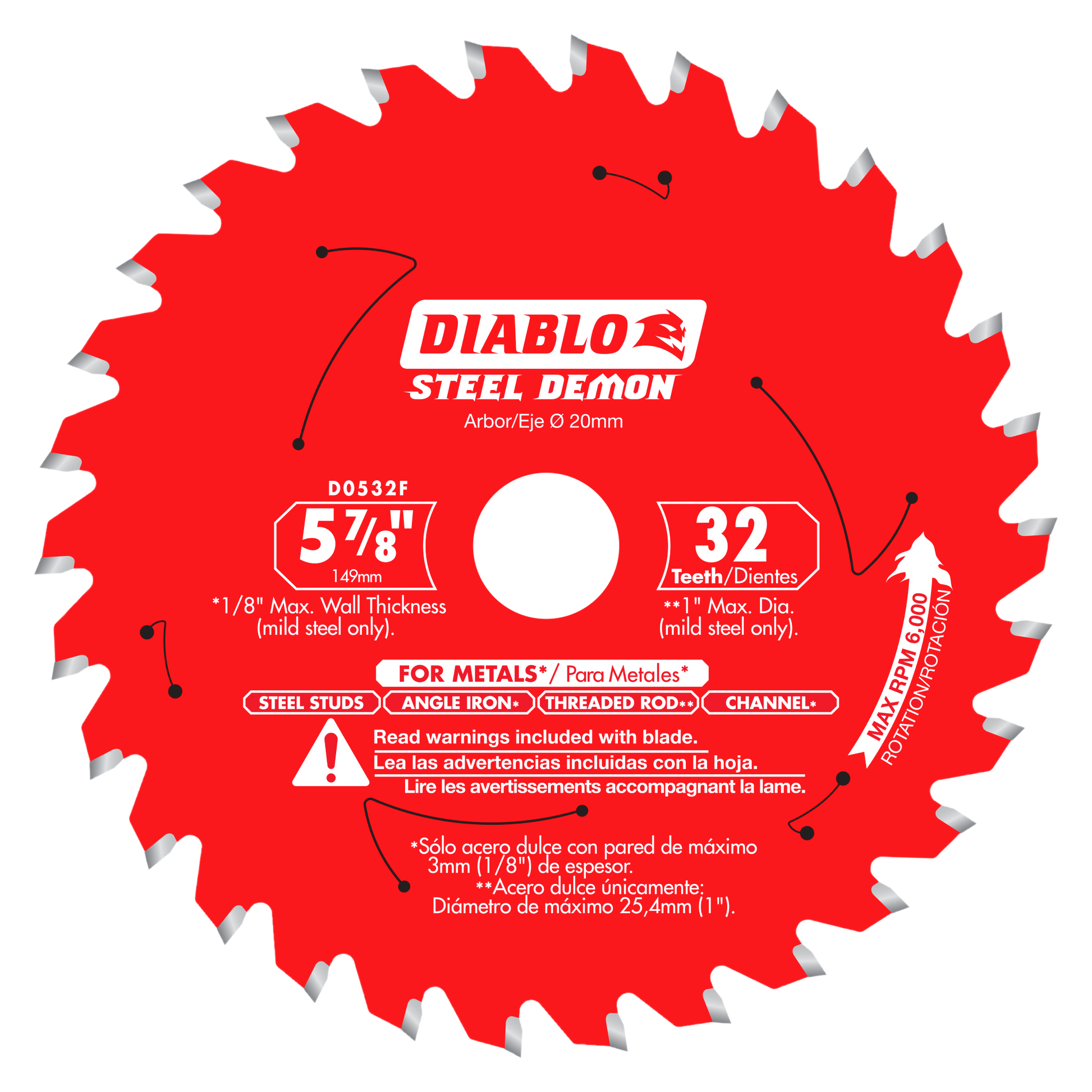 Red circular saw blade with 32 carbide-tipped teeth, 5-7/8 inch diameter, center arbor hole, labeled "Steel Demon" for metal 