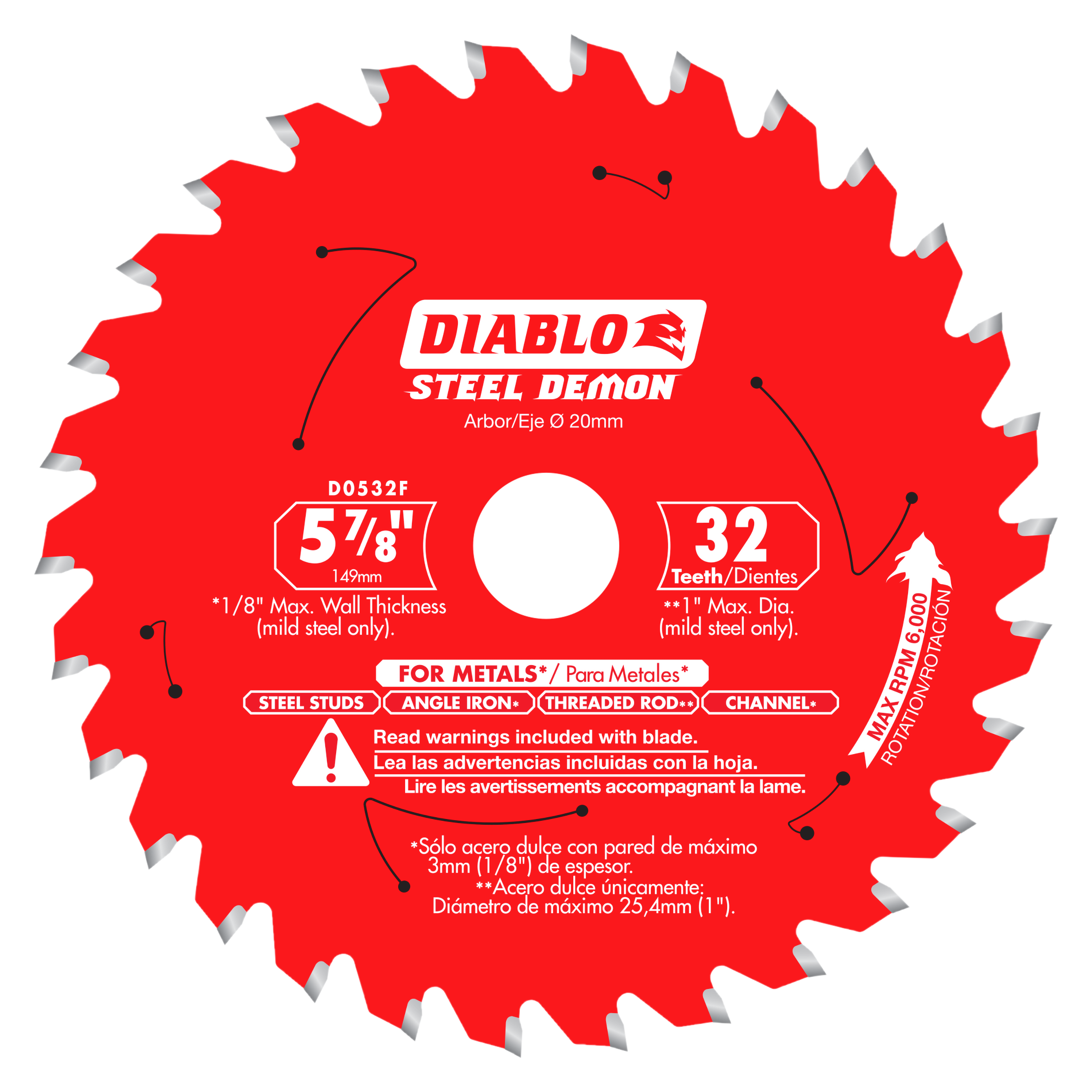 Red circular saw blade with 32 carbide-tipped teeth, 5-7/8 inch diameter, center arbor hole, labeled "Steel Demon" for metal 