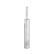 Silver metallic straight router bit with single flute and cylindrical shank, approximately 1/8 inch diameter.