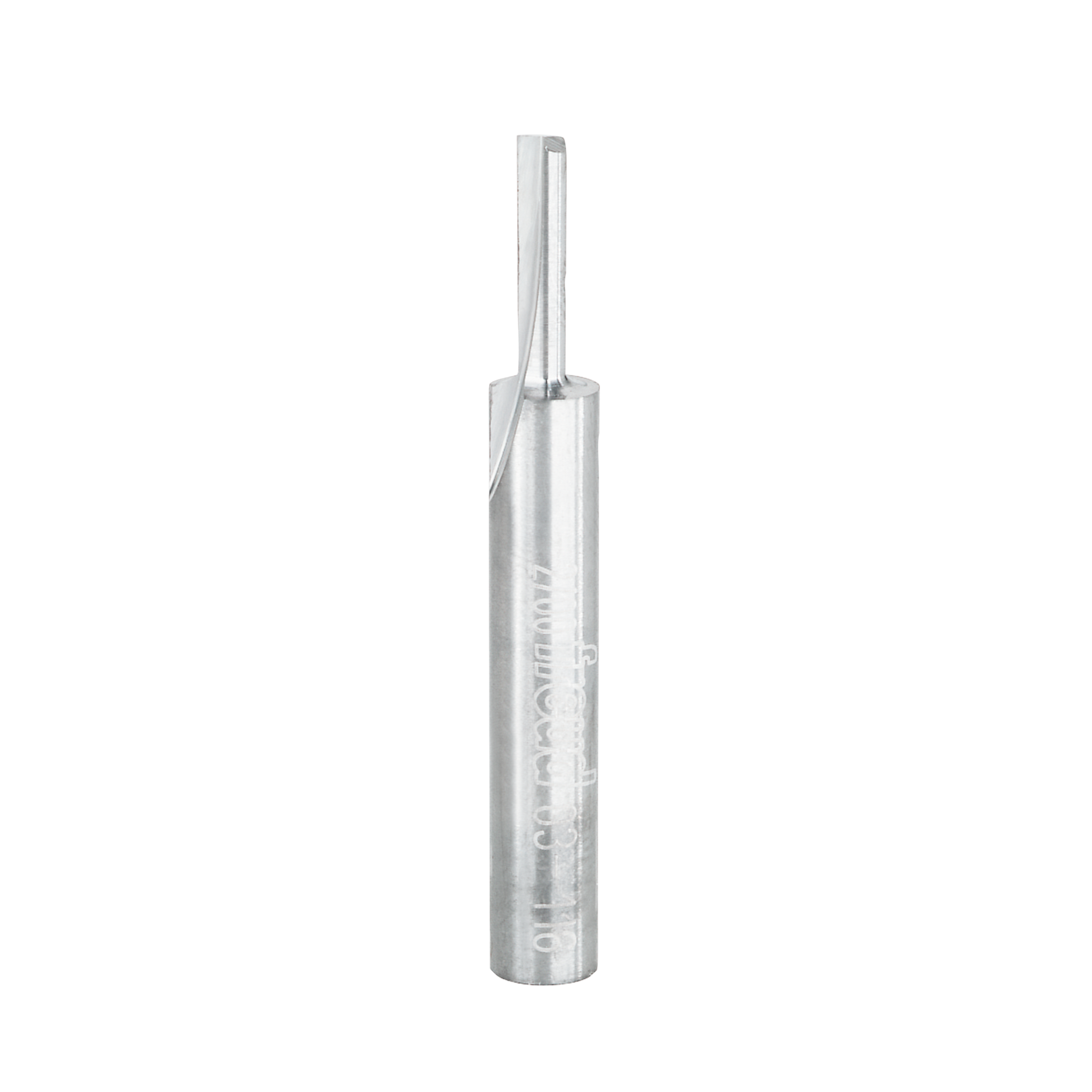Silver metallic straight router bit with single flute and cylindrical shank, approximately 1/8 inch diameter.