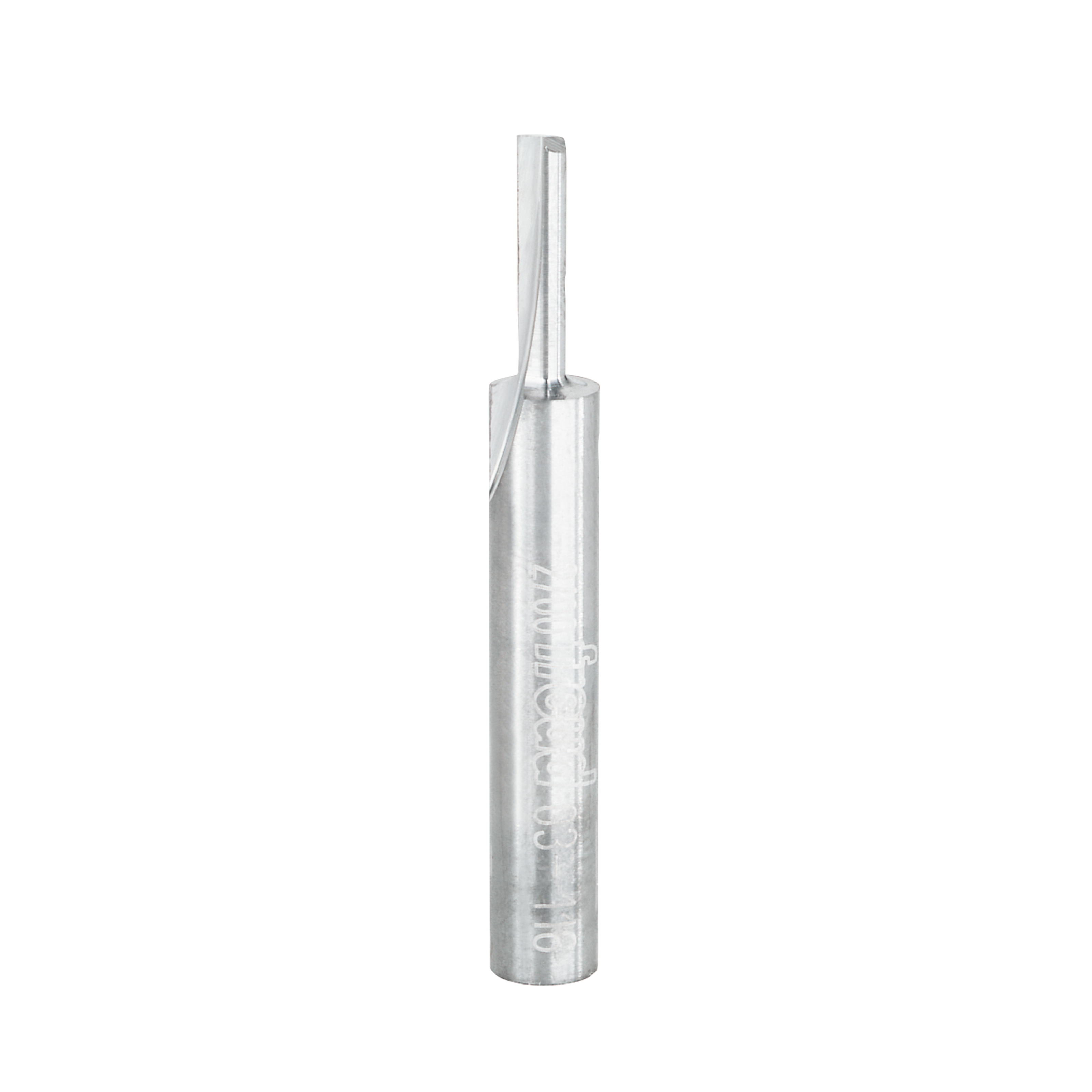 Silver metallic straight router bit with single flute and cylindrical shank, approximately 1/8 inch diameter.