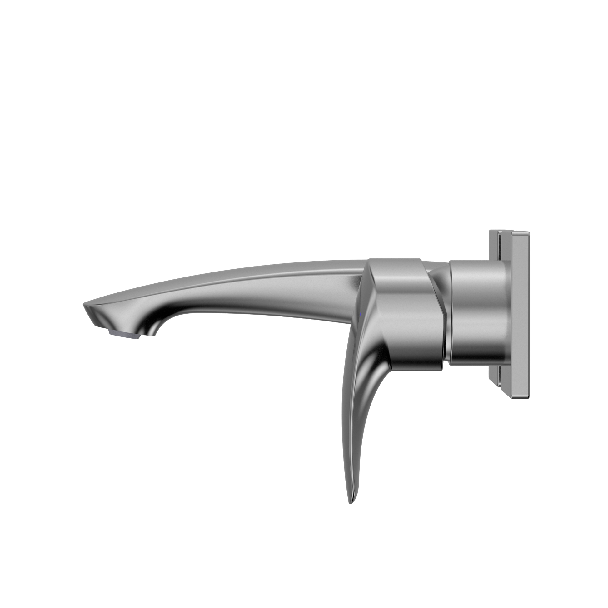 Polished chrome wall-mount bathroom faucet with single lever handle and curved spout.