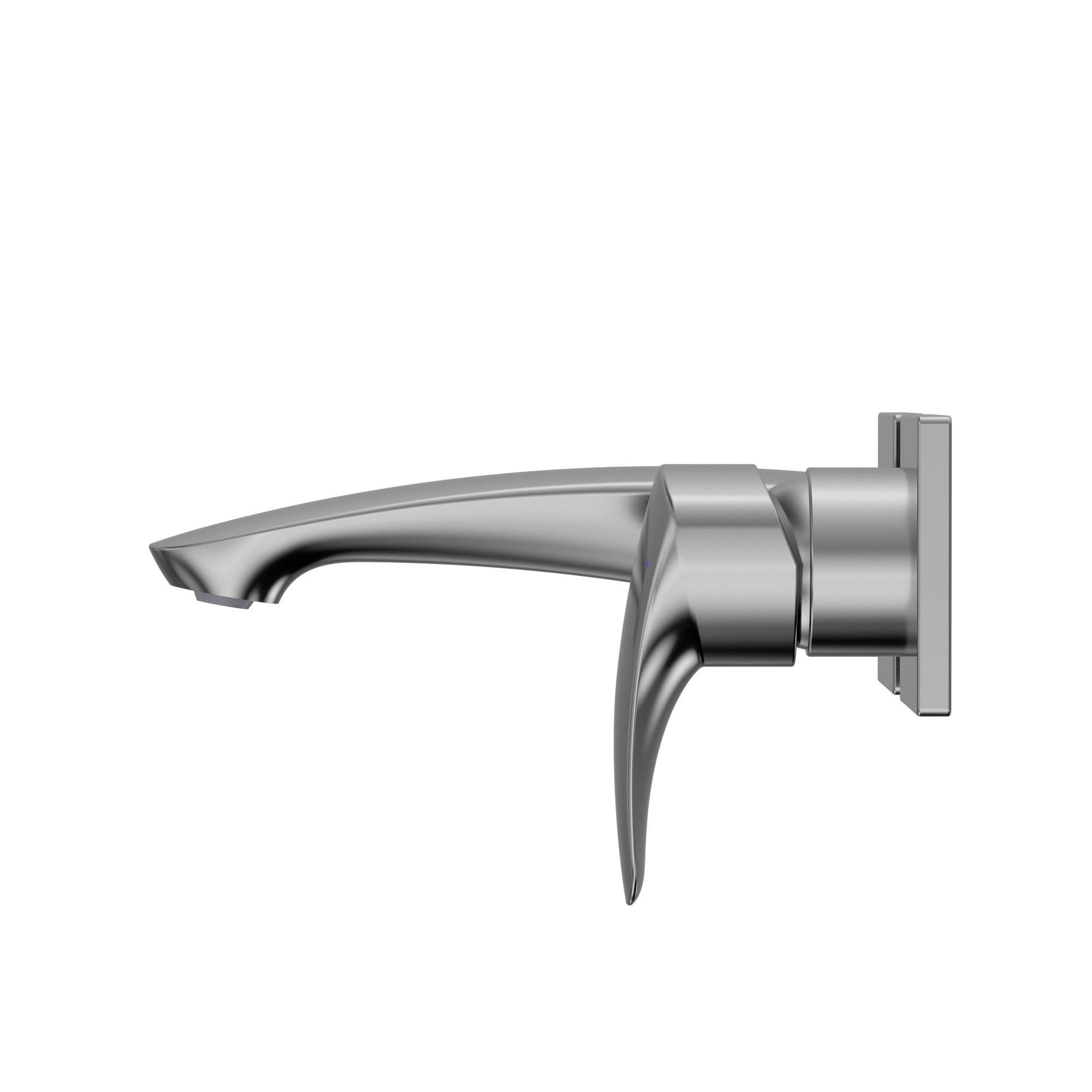 Polished chrome wall-mount bathroom faucet with single lever handle and curved spout.