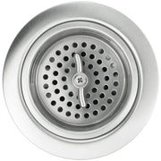 Satin stainless steel basket strainer with perforated basin and central handle screw.