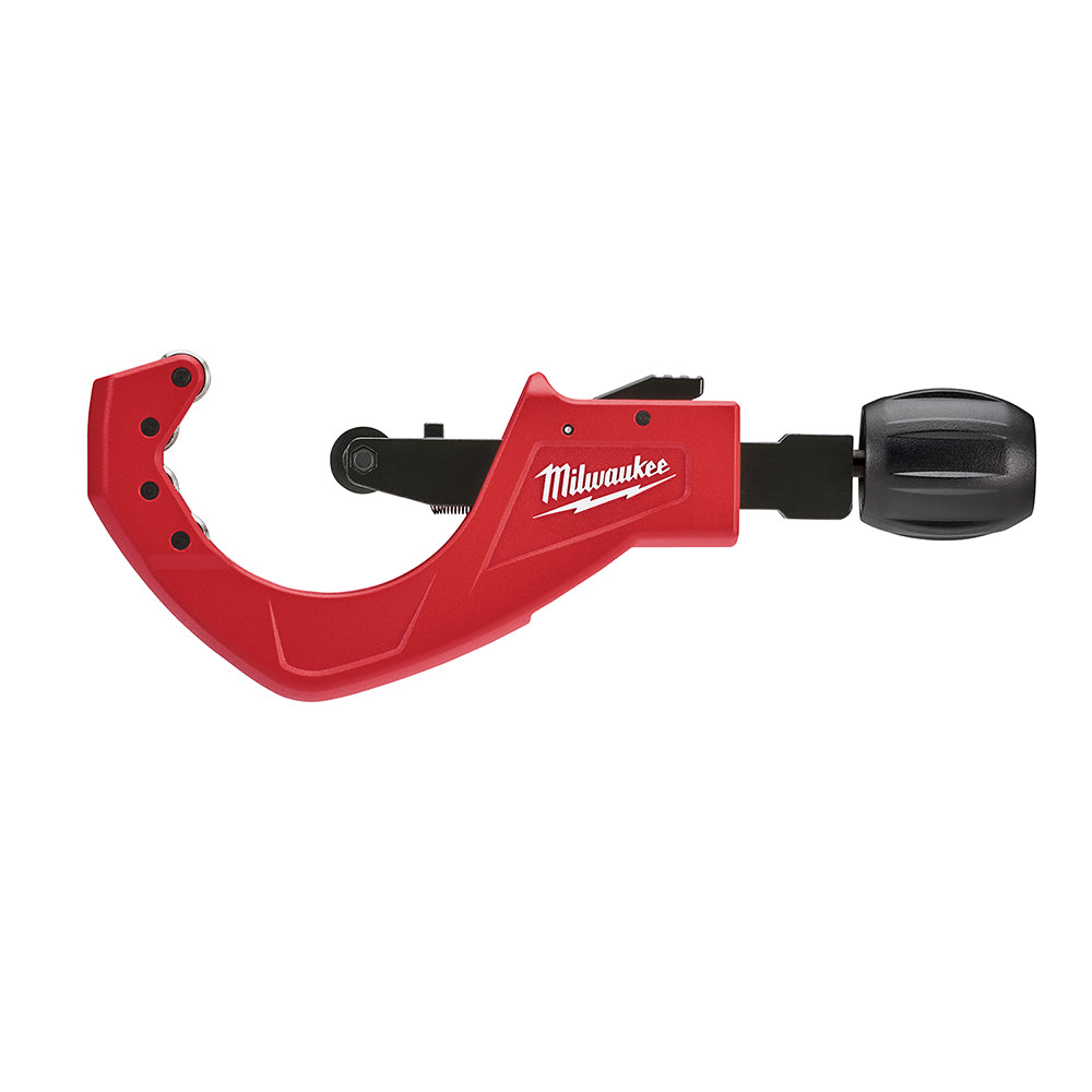 Milwaukee red and black tubing cutter with quick adjust mechanism and curved cutting head.