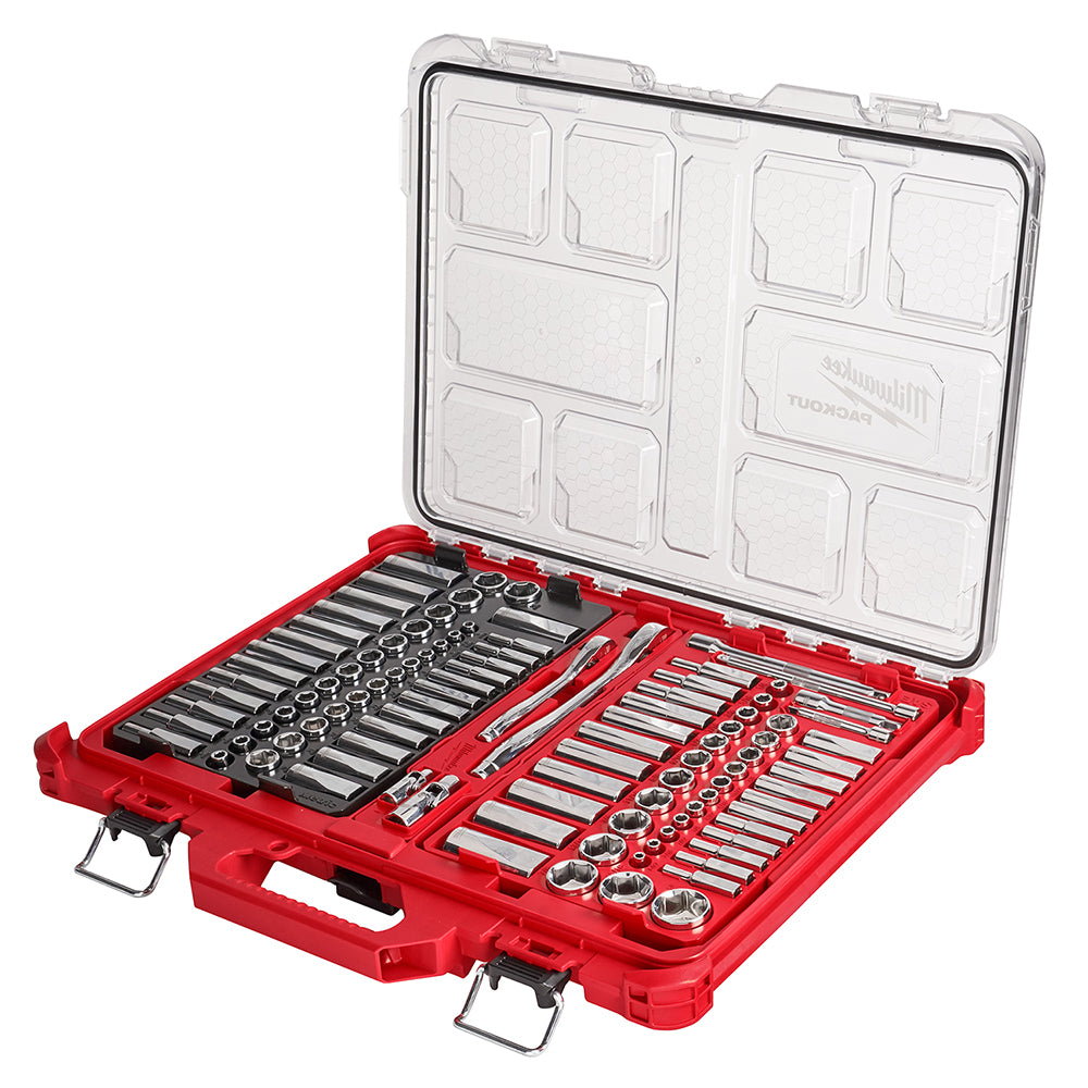 Red PACKOUT case containing 106-piece socket and ratchet set with 1/4 inch and 3/8 inch drives in SAE and metric sizes.