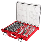 Red PACKOUT case containing 106-piece socket and ratchet set with 1/4 inch and 3/8 inch drives in SAE and metric sizes.