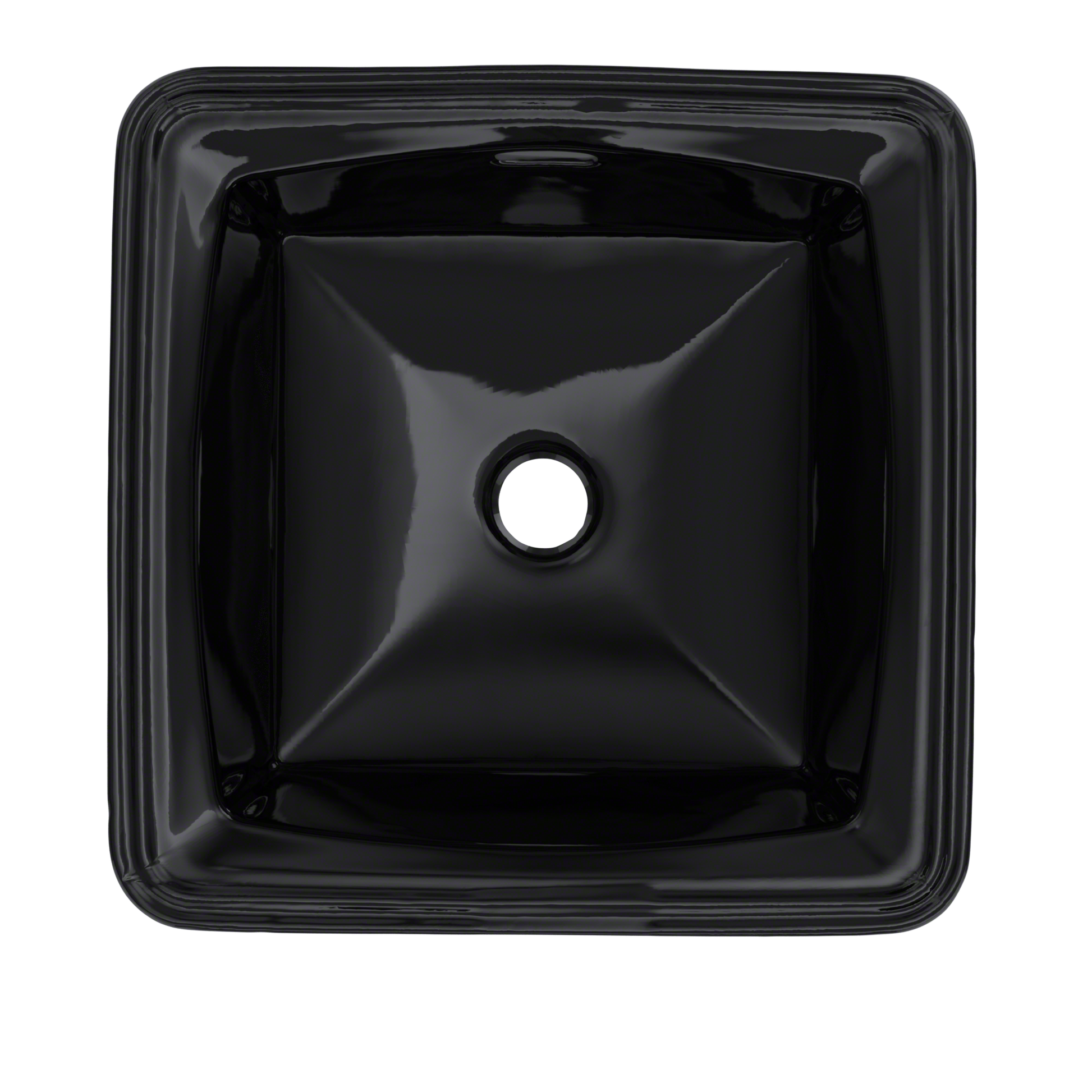 Black square undermount bathroom sink with rounded rim and single faucet hole.