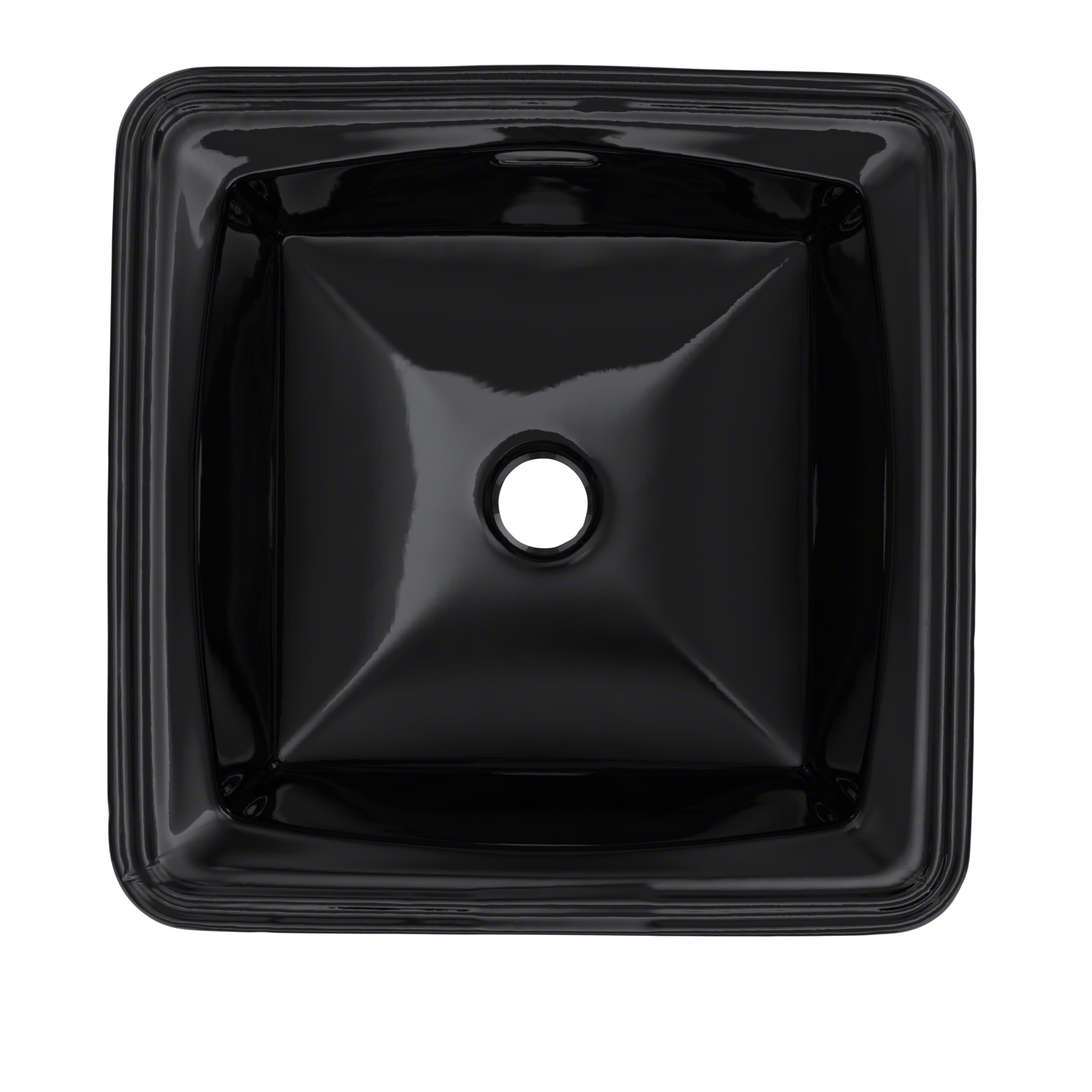 Black square undermount bathroom sink with rounded rim and single faucet hole.