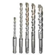 Five SDS-Plus hammer drill bits in varying sizes with spiral flutes and chisel tips arranged in ascending order.