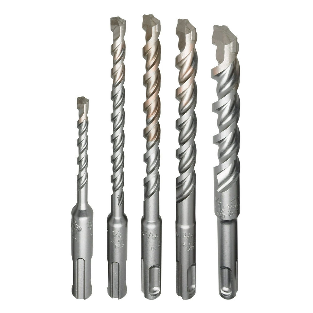 Five SDS-Plus hammer drill bits in varying sizes with spiral flutes and chisel tips arranged in ascending order.