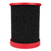 Black foam filter cylinder with red plastic top and bottom caps for wet/dry vacuum.