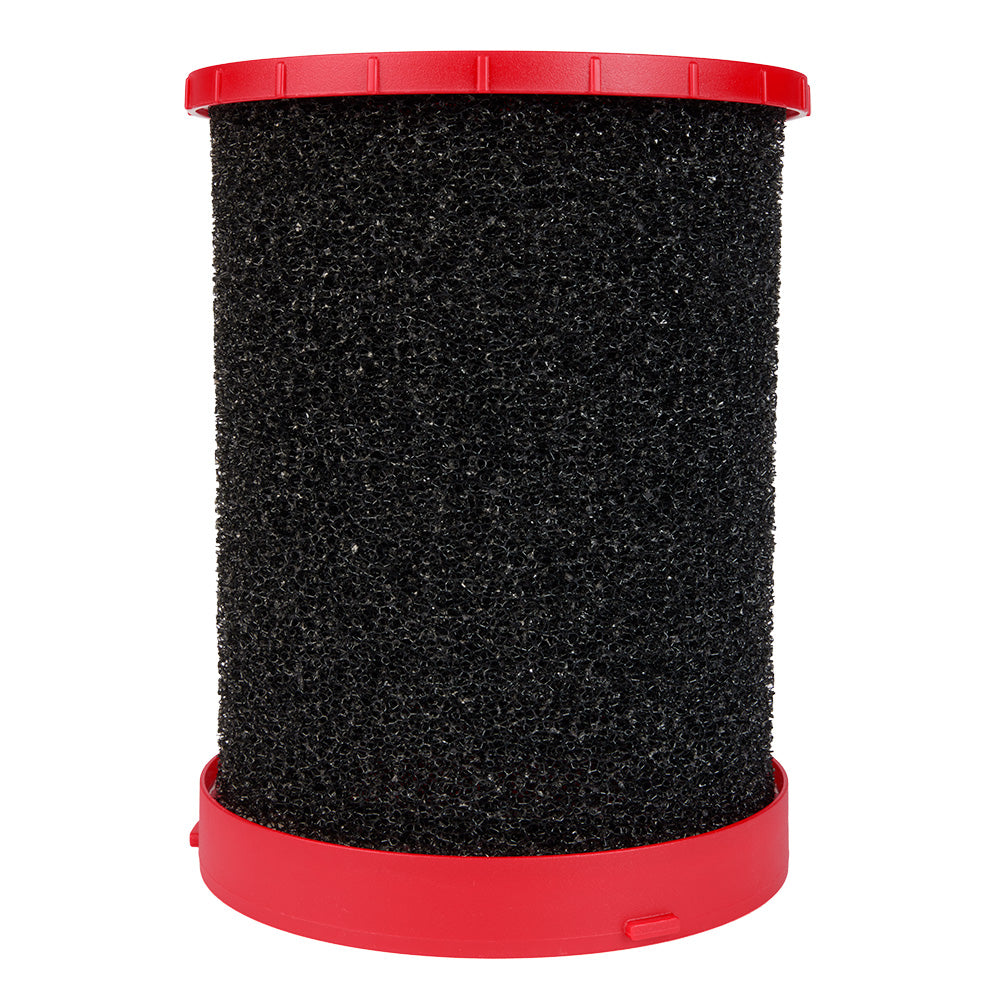Black foam filter cylinder with red plastic top and bottom caps for wet/dry vacuum.