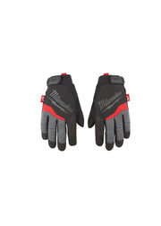 Milwaukee work gloves with black mesh, red accents, gray padded palms, and red pull tabs on cuff.