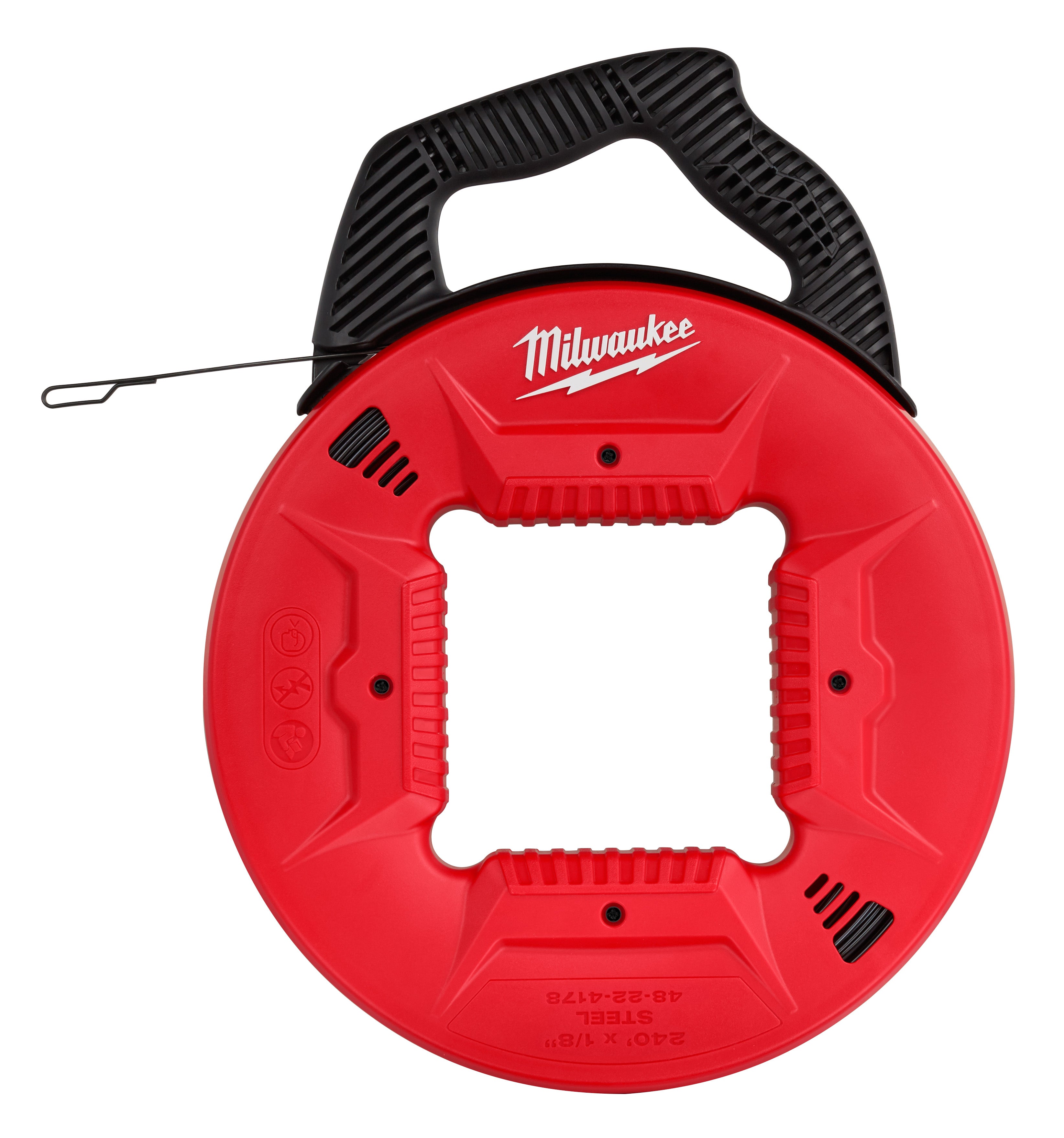 Red Milwaukee fish tape reel with black handle and thin steel tape extended from side.